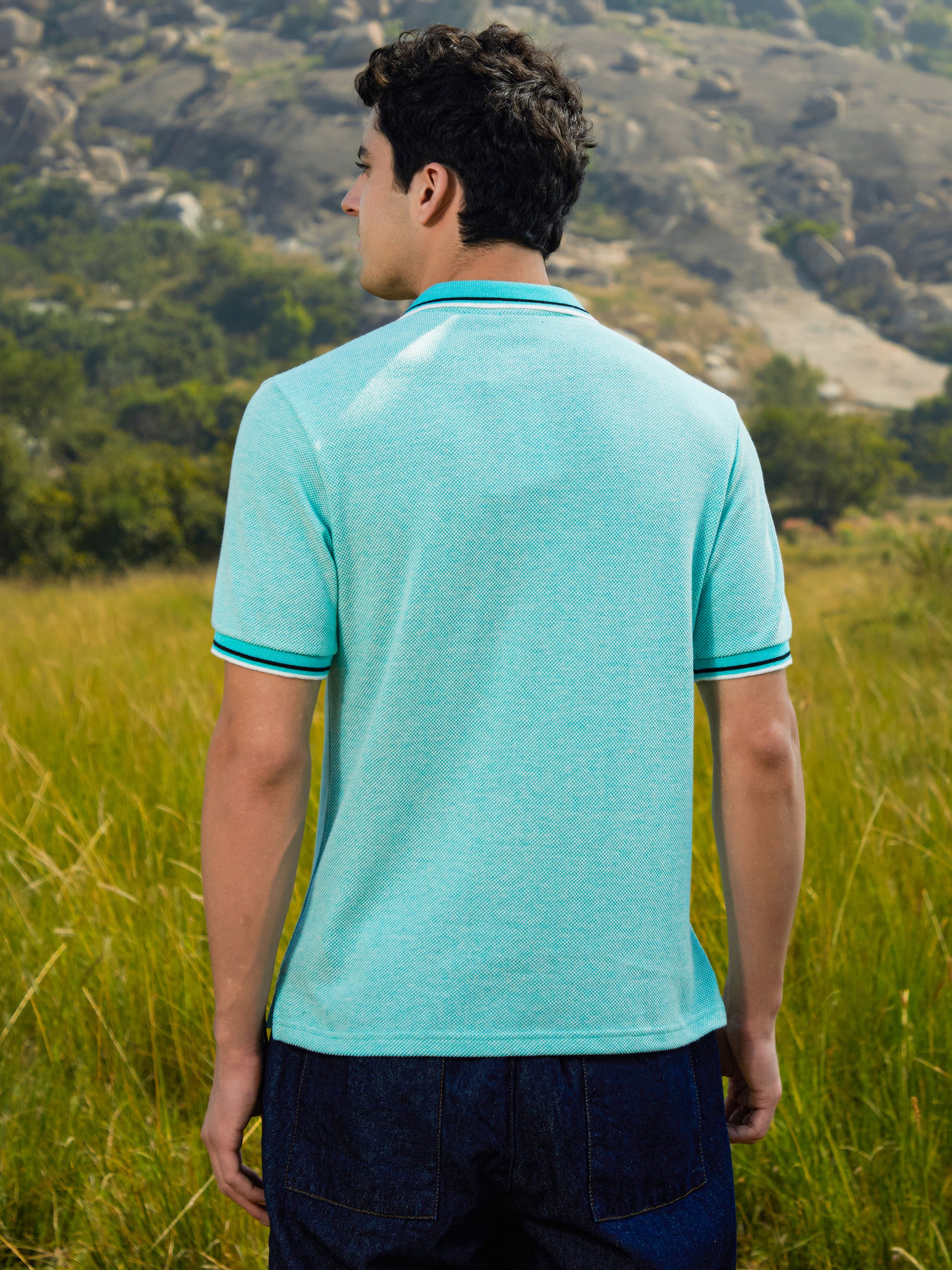 Men Blue Knit Polo T-Shirt