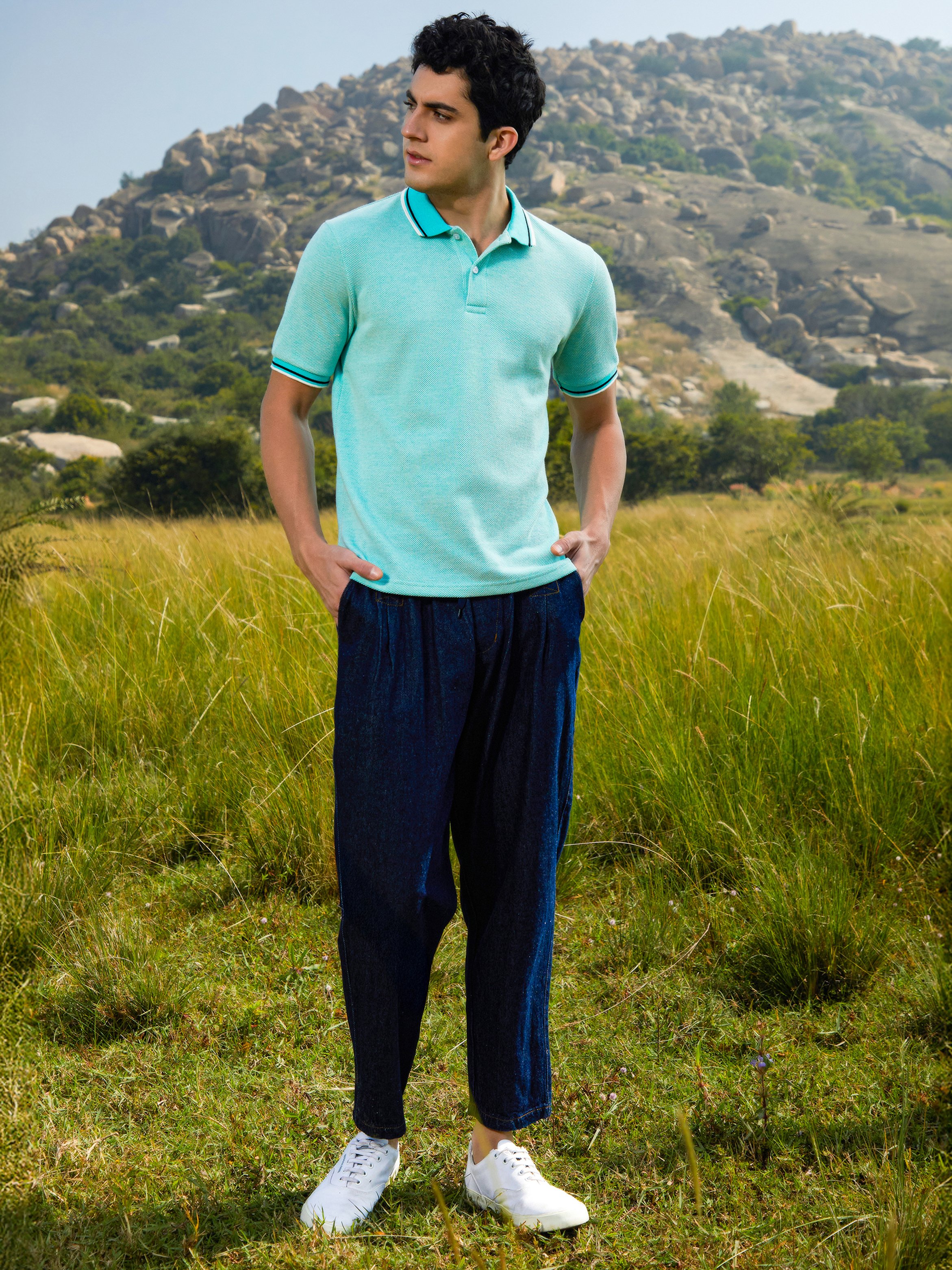 Men Blue Knit Polo T-Shirt