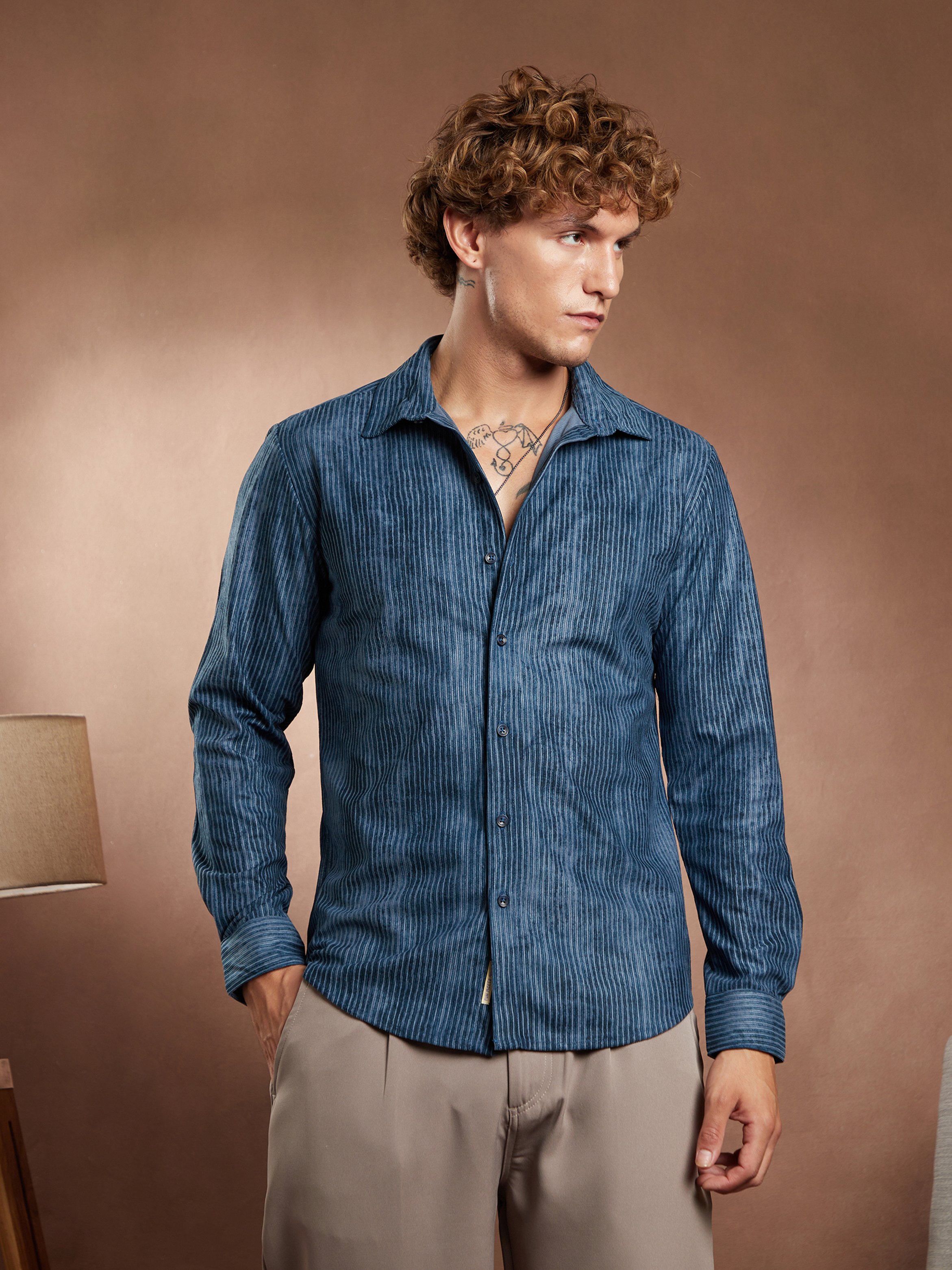 Men Blue Ribbed-Corduroy Shirt