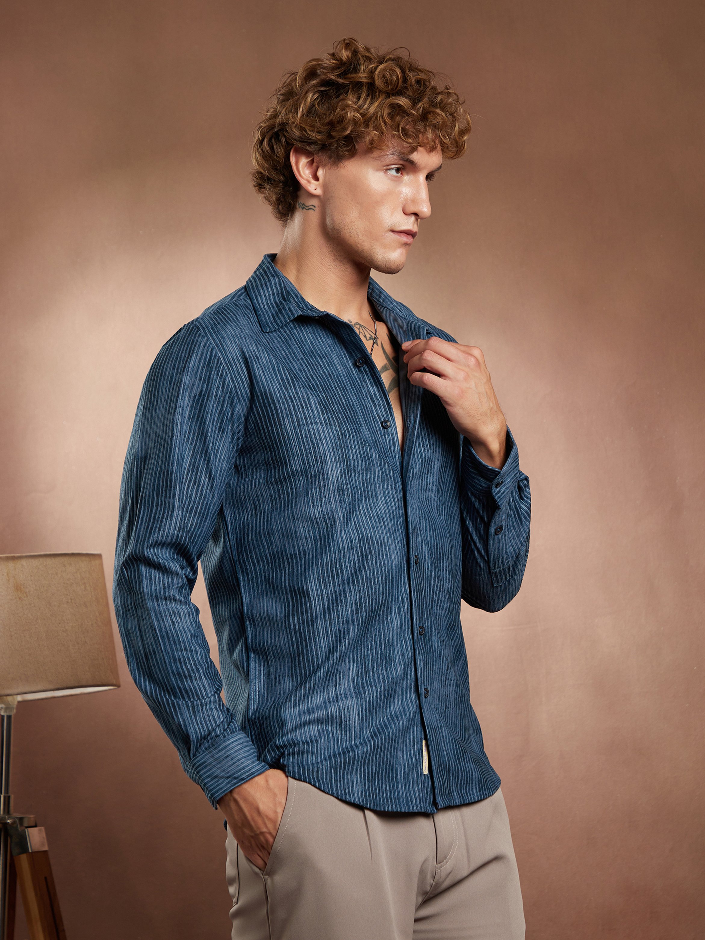 Men Blue Ribbed-Corduroy Shirt