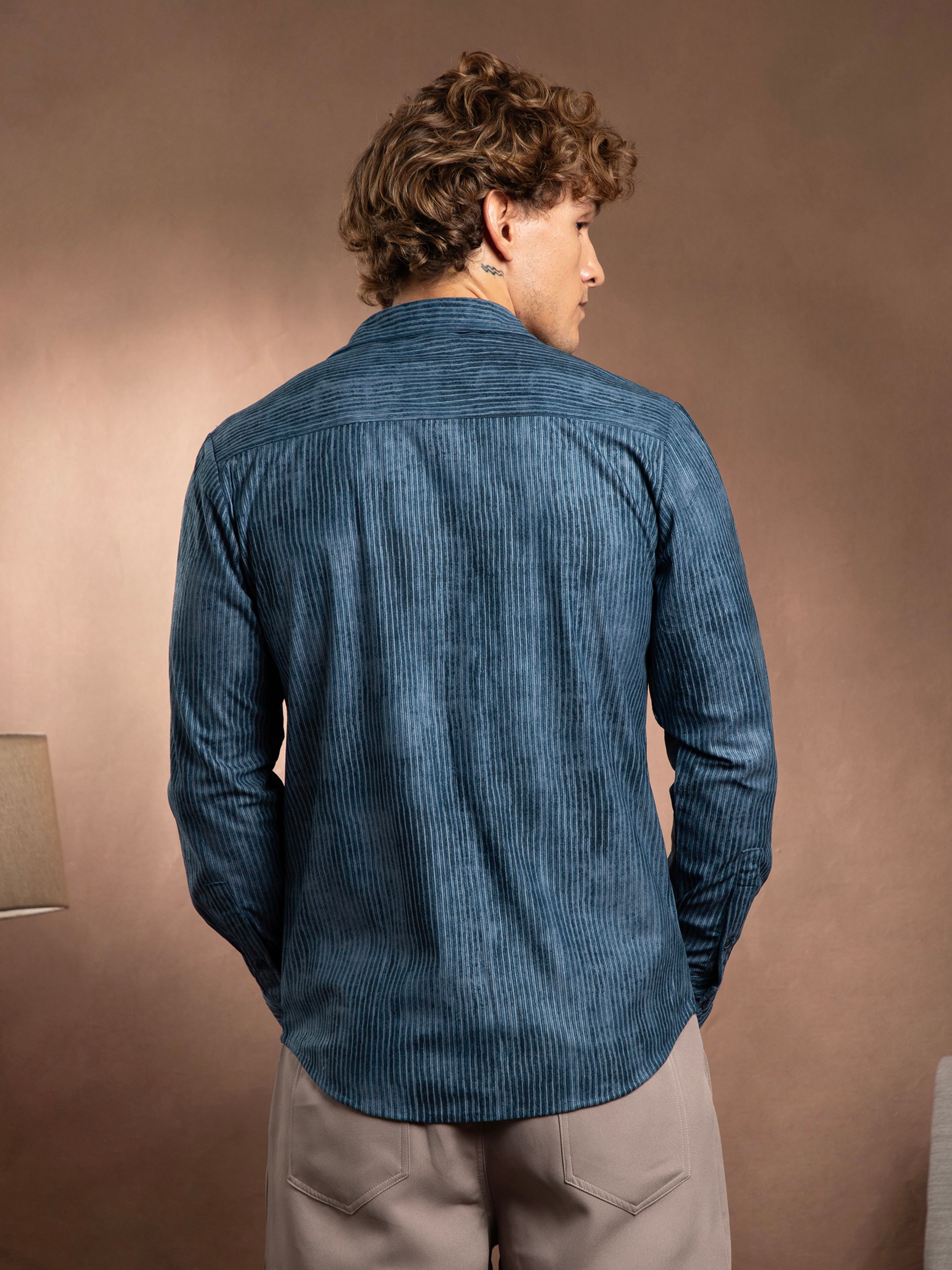 Men Blue Ribbed-Corduroy Shirt