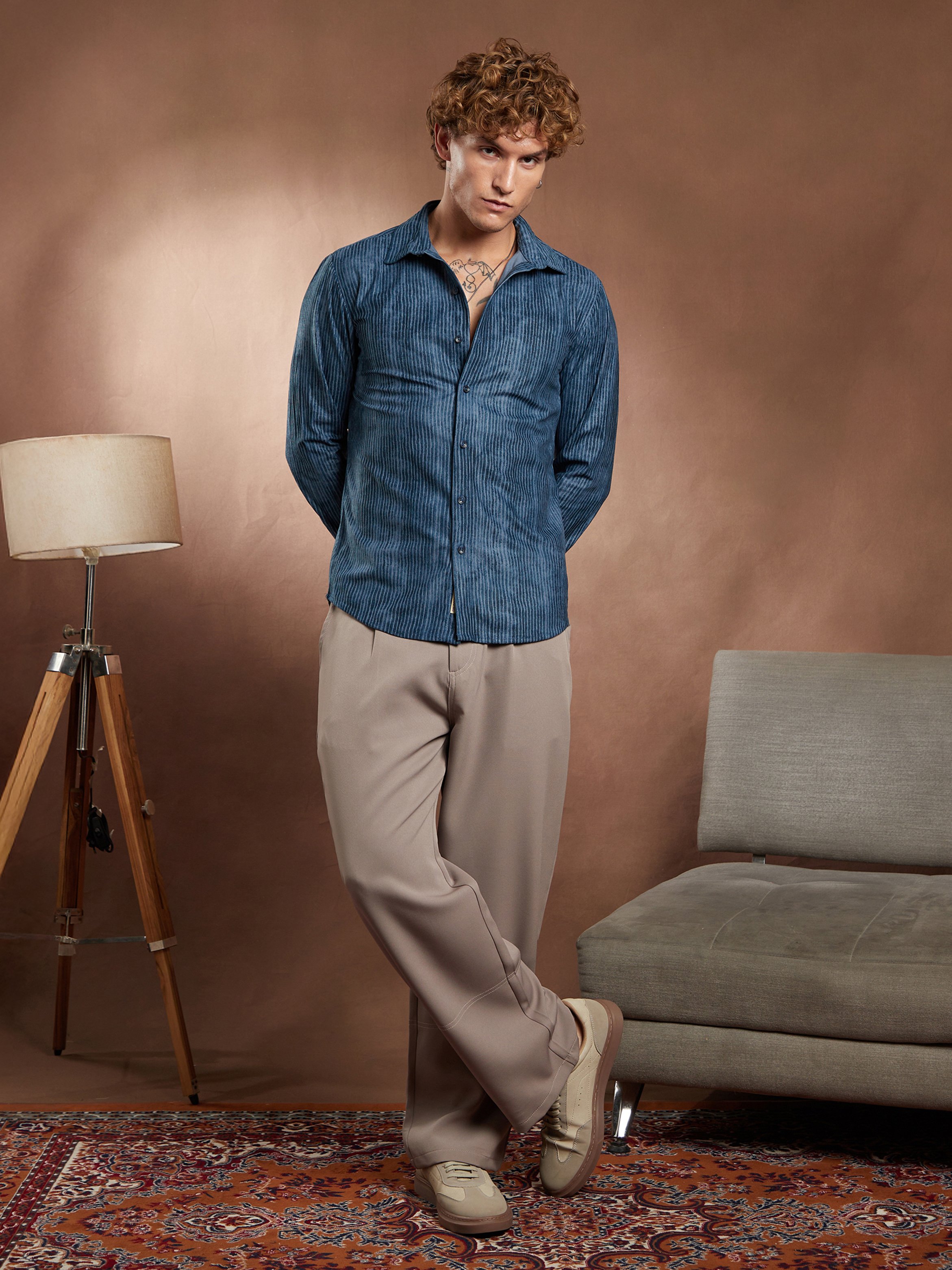 Men Blue Ribbed-Corduroy Shirt