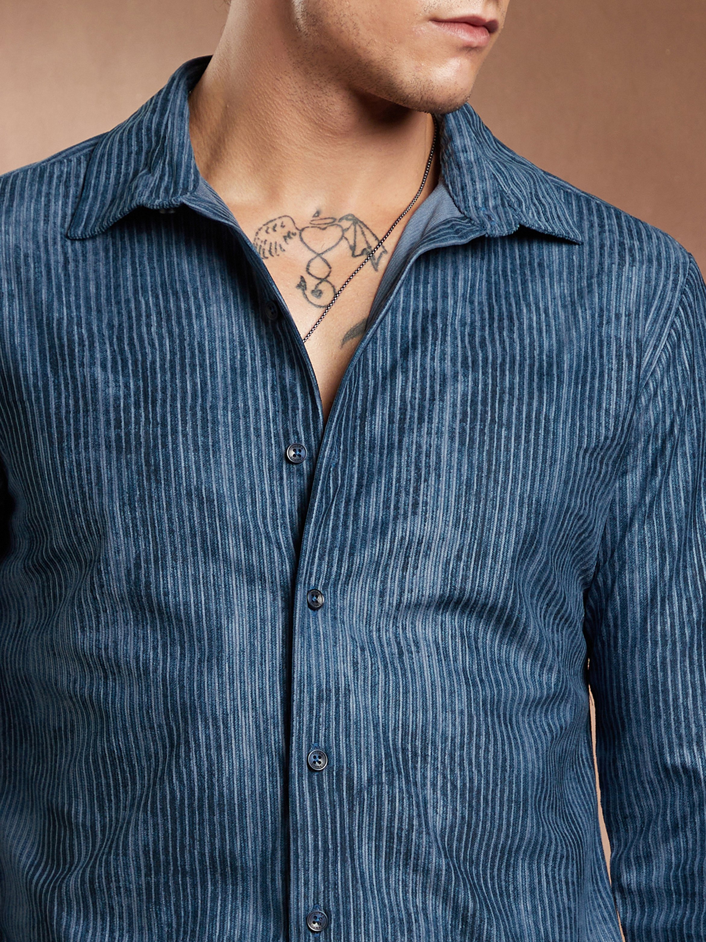 Men Blue Ribbed-Corduroy Shirt