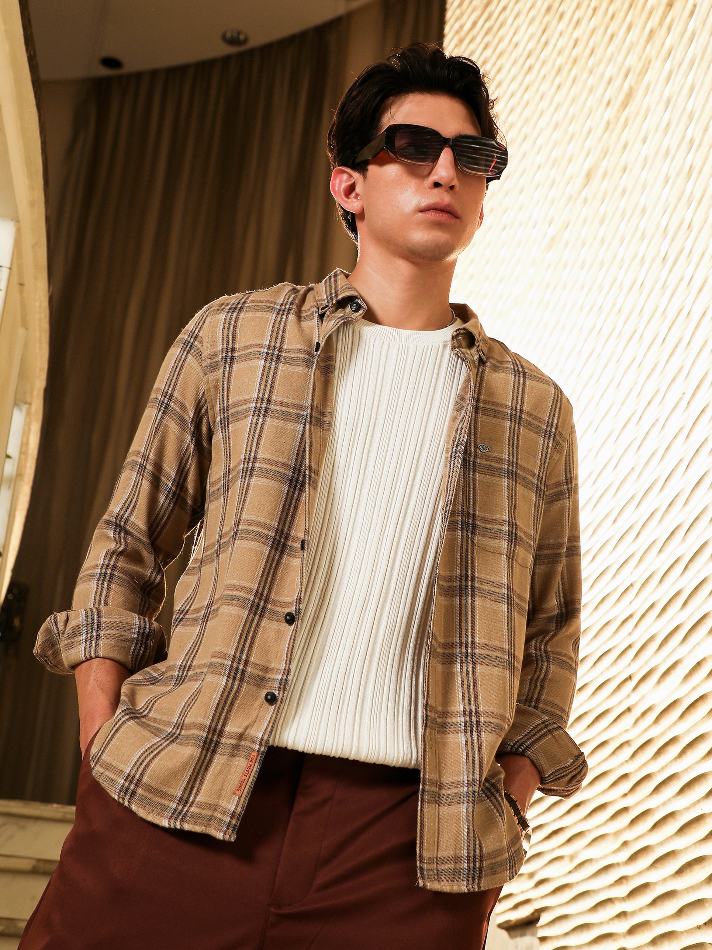 Men Beige Plaid-Woven Regular Shirt