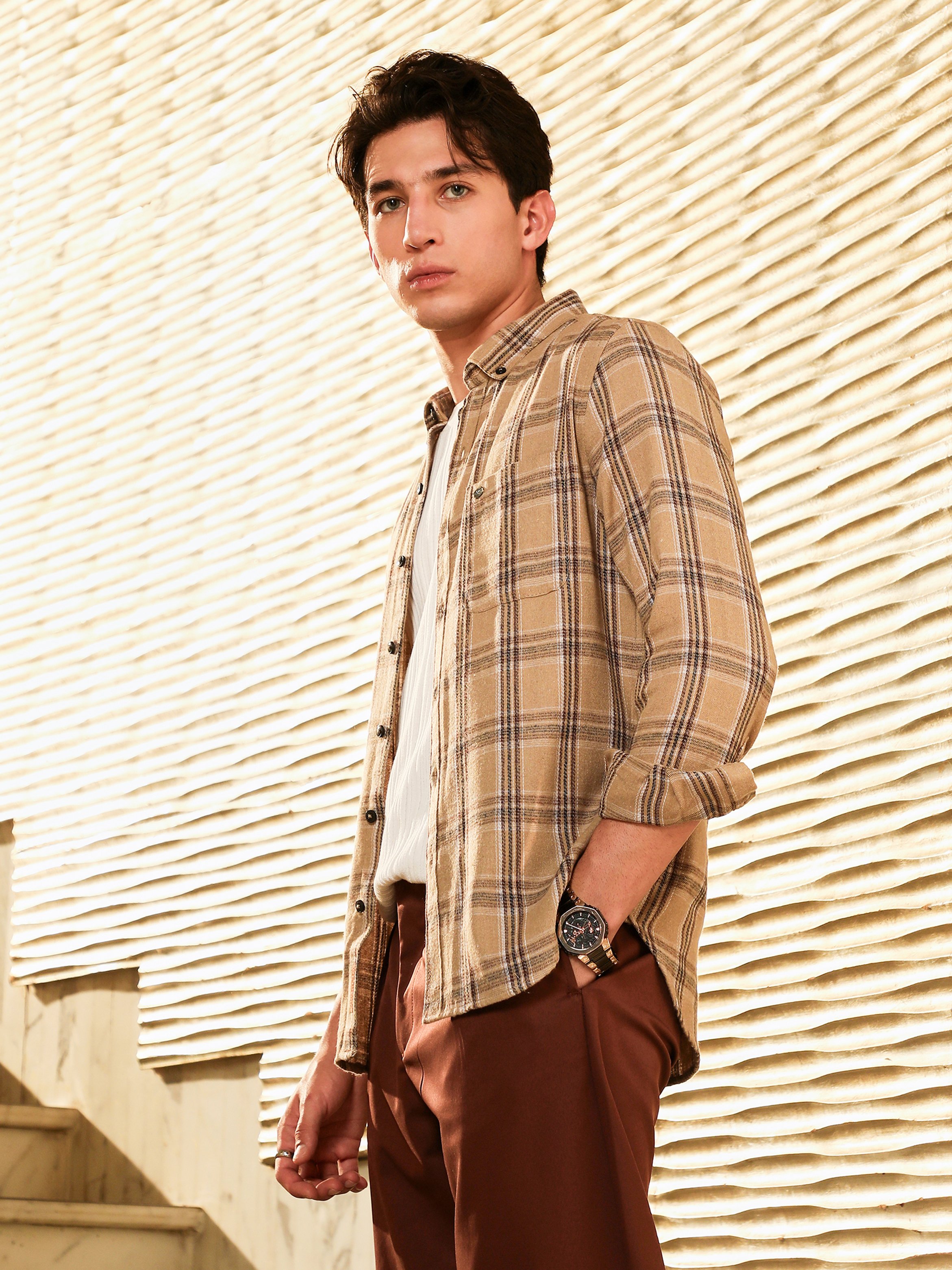 Men Beige Plaid-Woven Regular Shirt