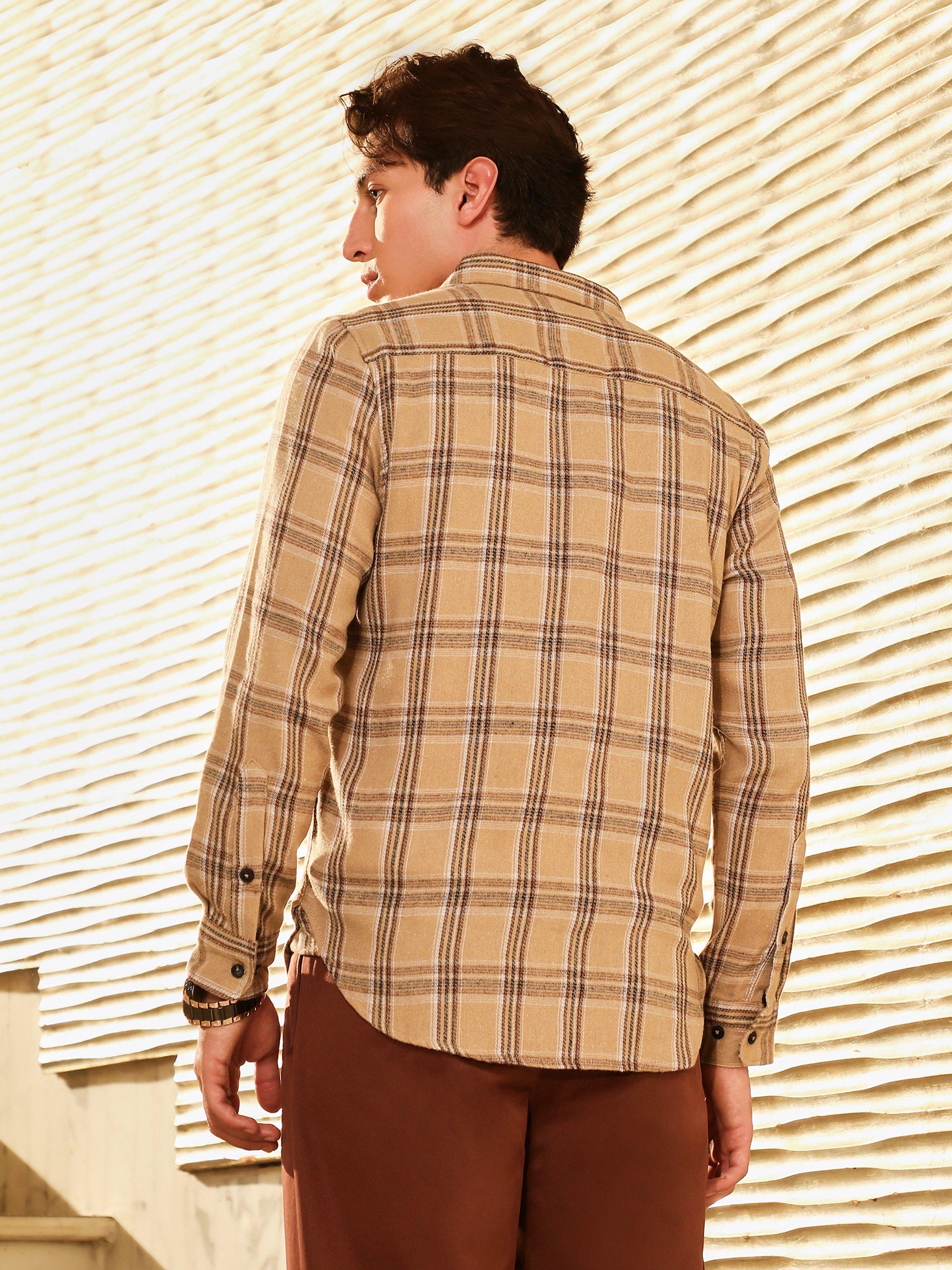 Men Beige Plaid-Woven Regular Shirt
