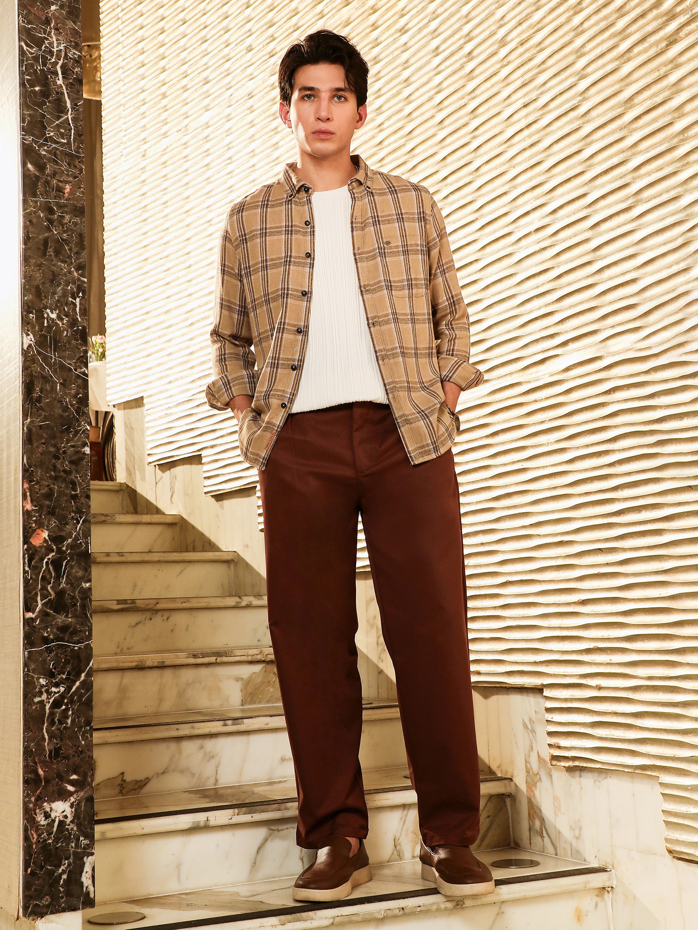 Men Beige Plaid-Woven Regular Shirt