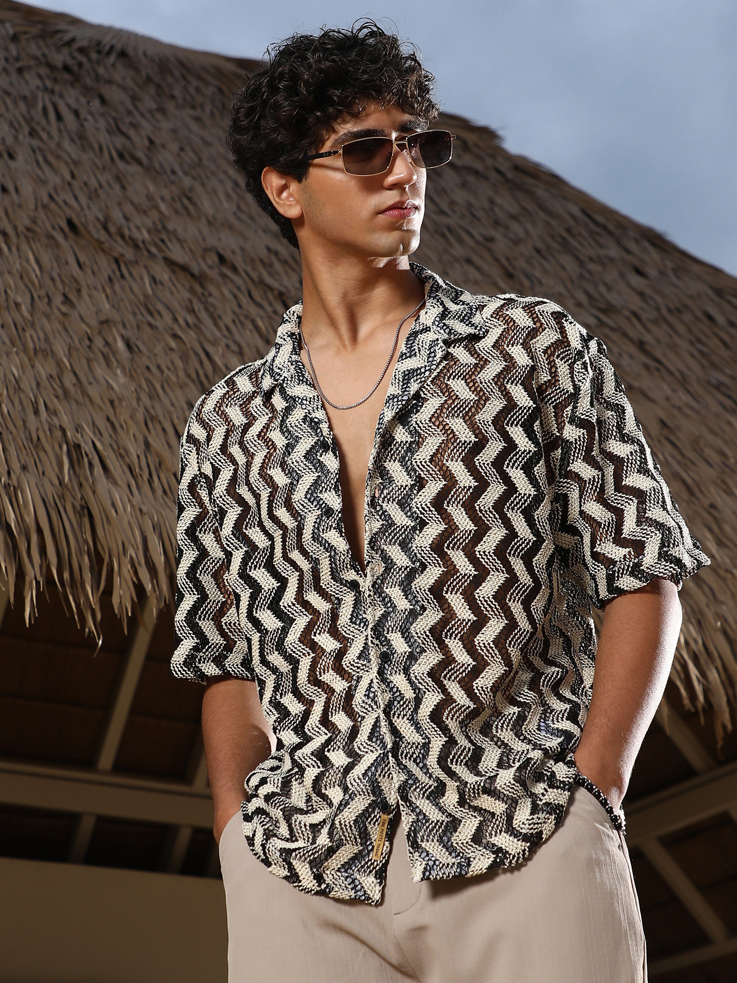 Men Stripe Crochet Oversized Shirt
