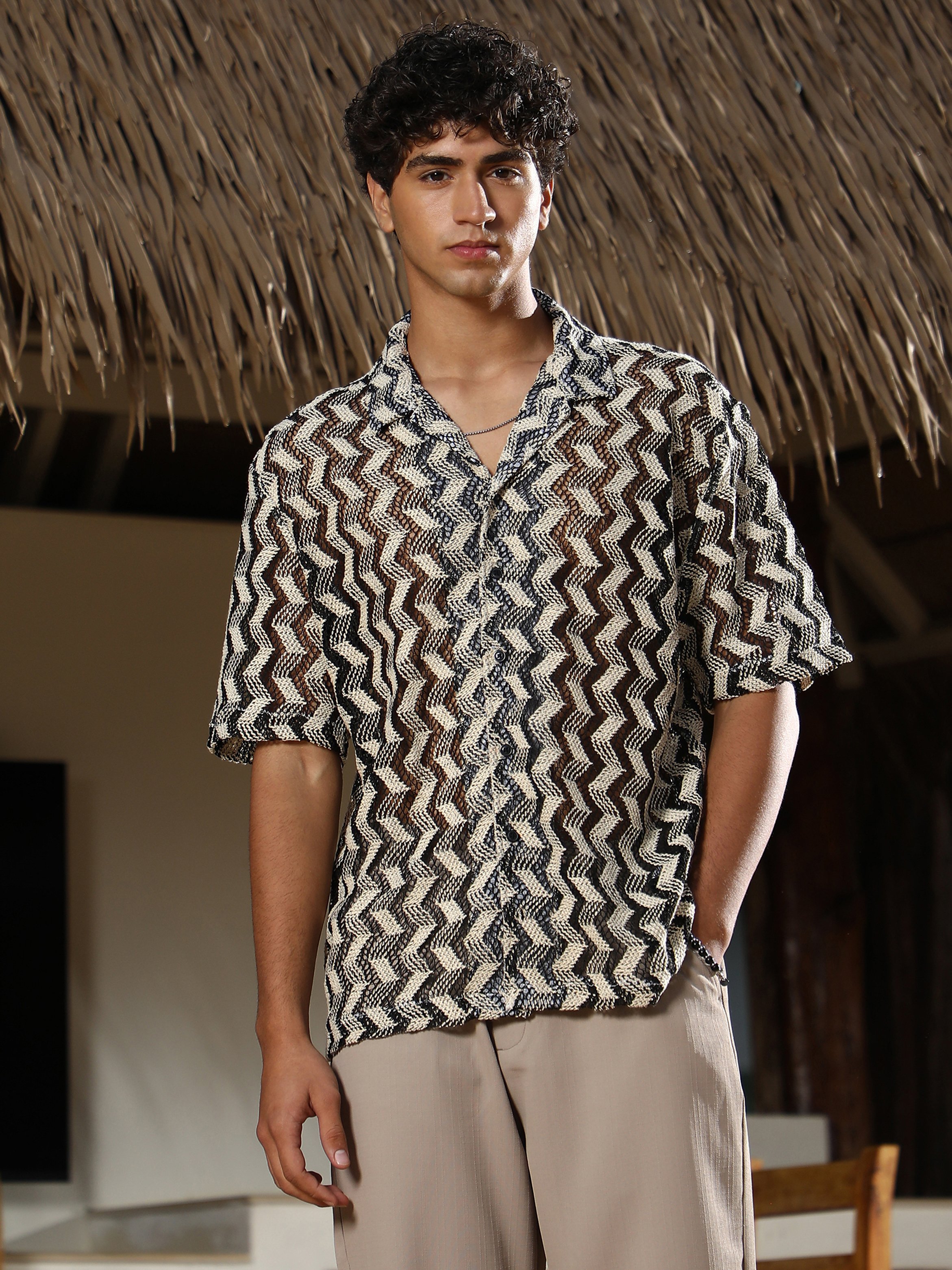 Men Stripe Crochet Oversized Shirt