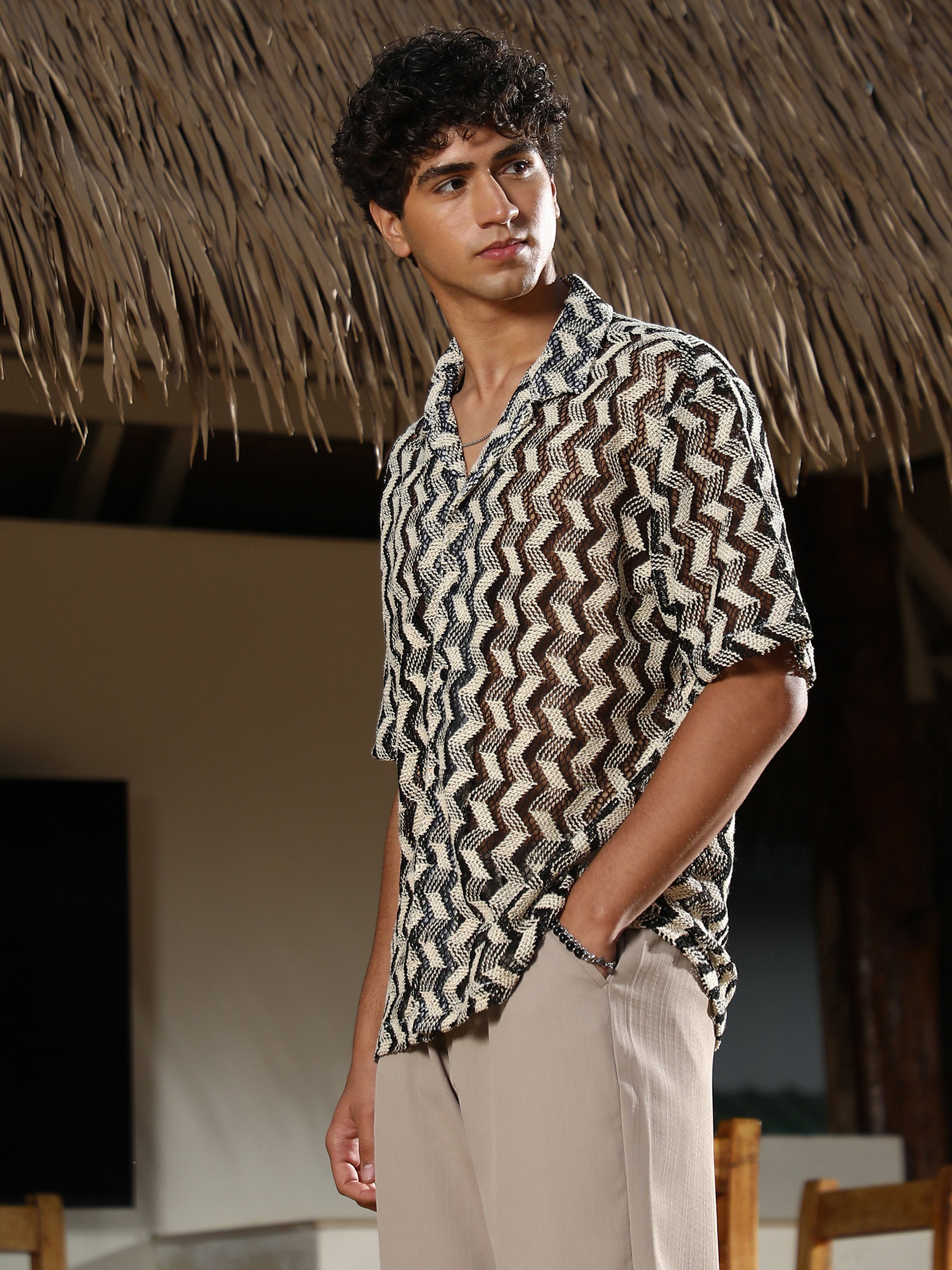Men Stripe Crochet Oversized Shirt