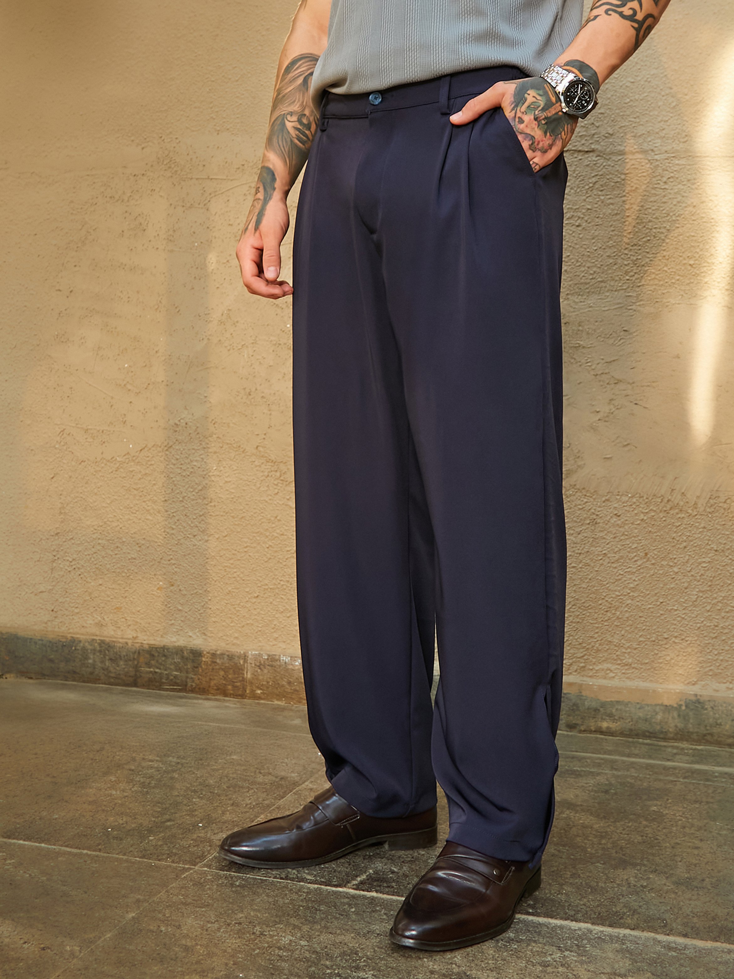 Men Midnight Black Straight-Cuffed Pleat Trousers