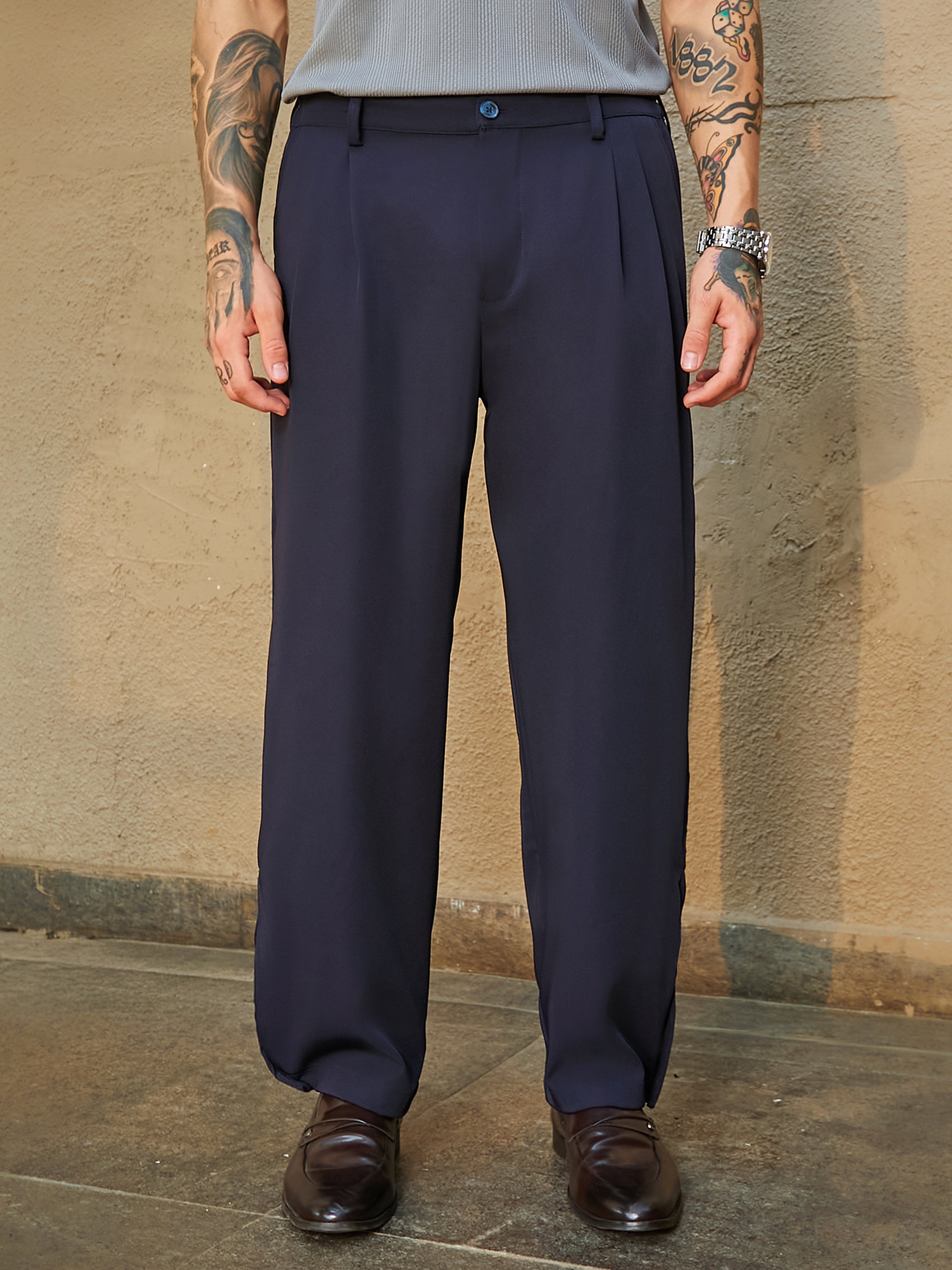 Men Midnight Black Straight-Cuffed Pleat Trousers