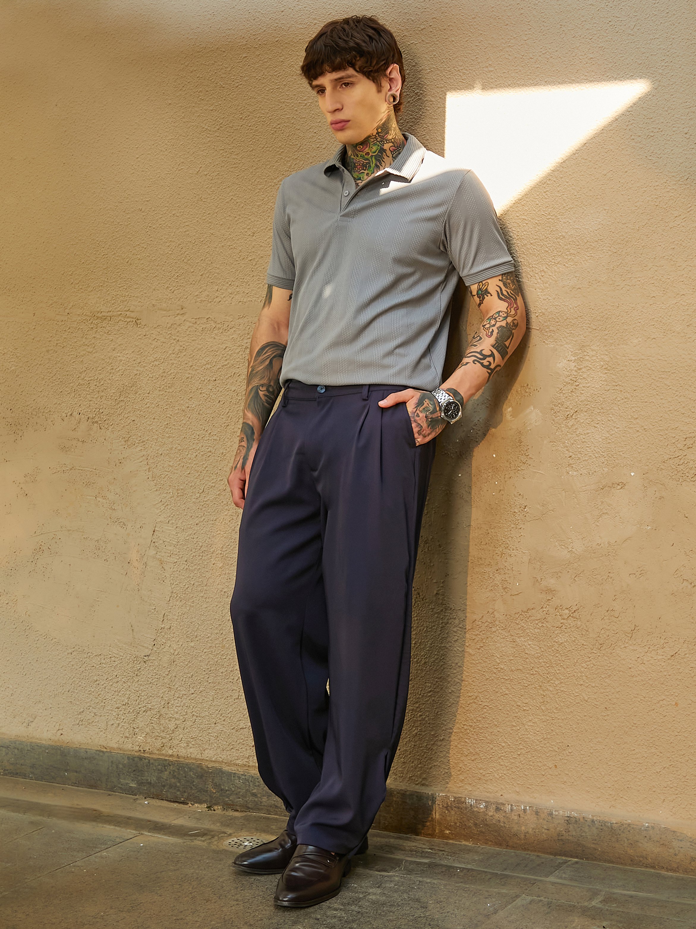 Men Midnight Black Straight-Cuffed Pleat Trousers