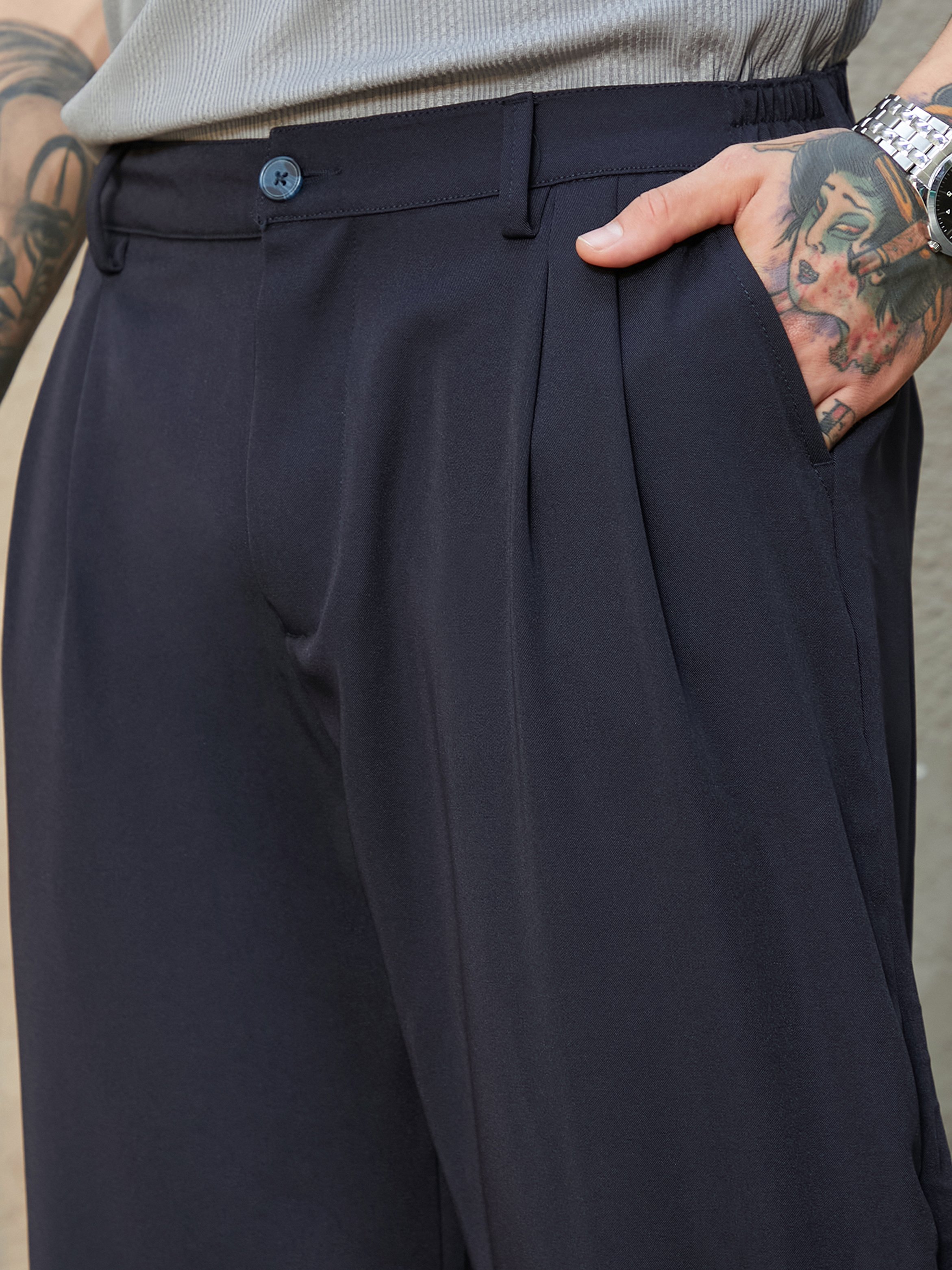 Men Midnight Black Straight-Cuffed Pleat Trousers