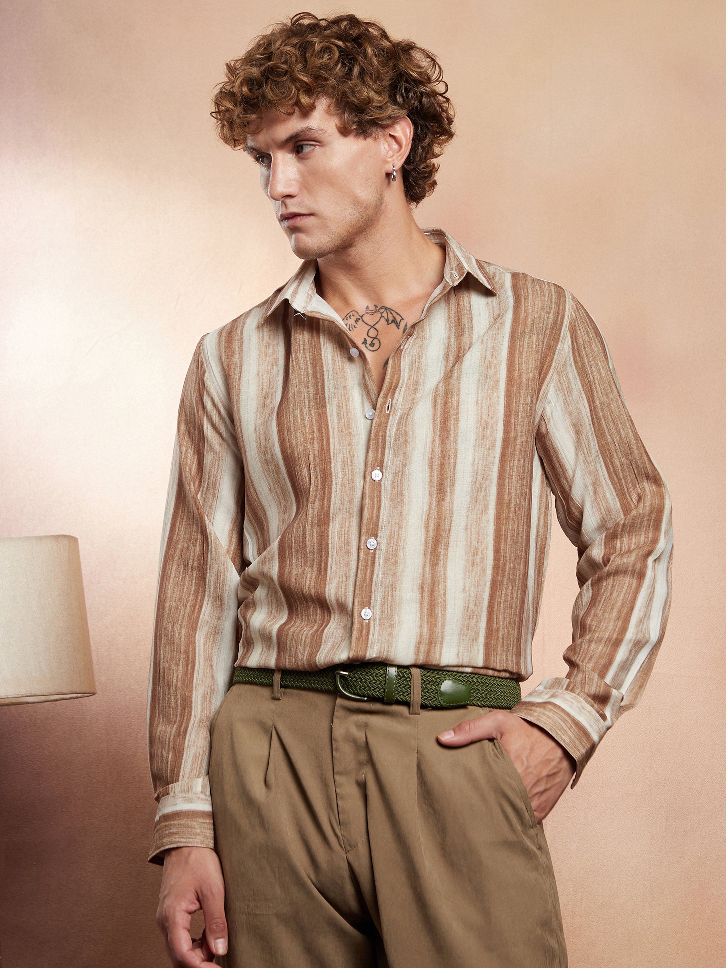 Men Ash Brown Striped-Strokes Shirt