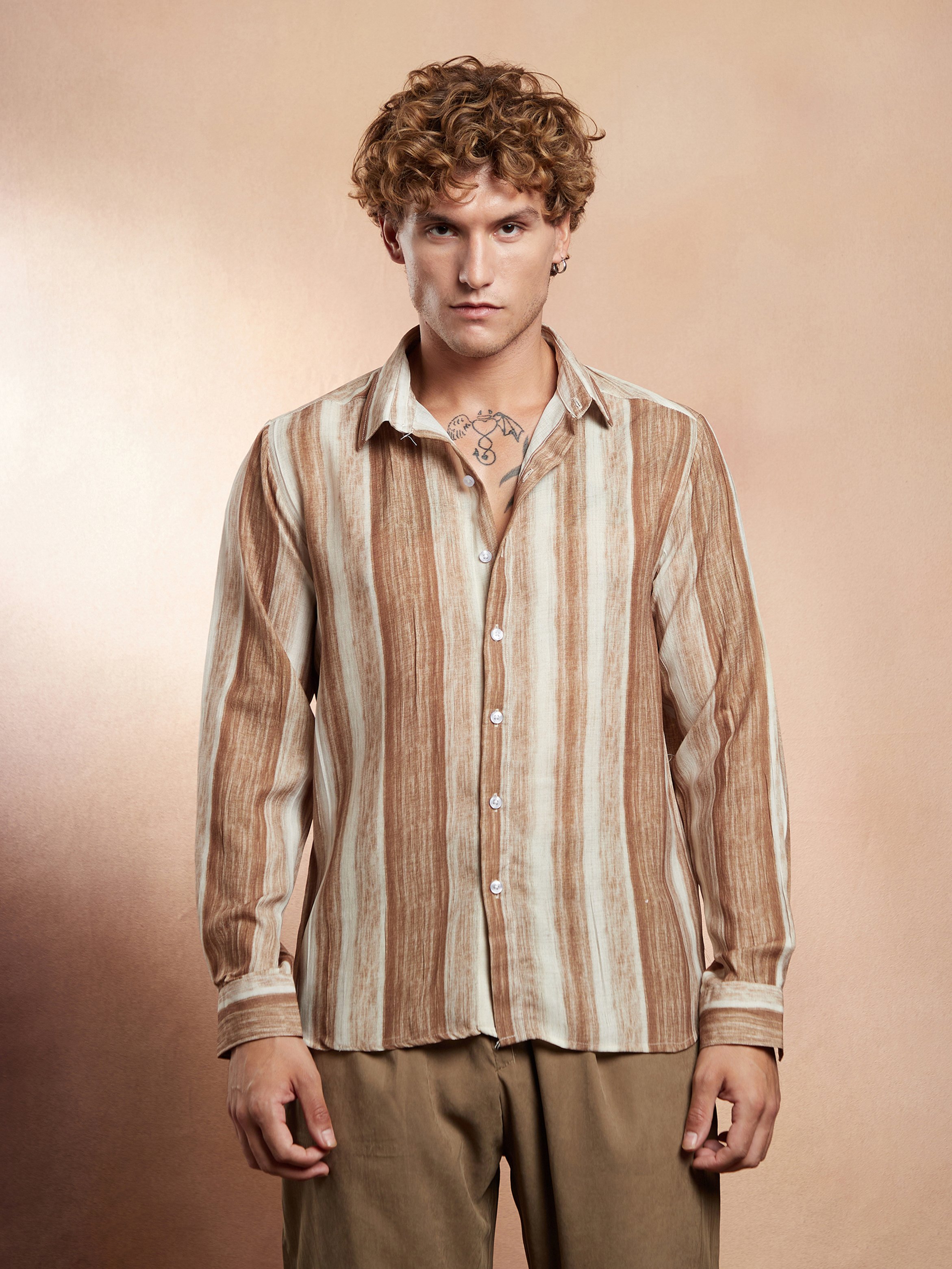 Men Ash Brown Striped-Strokes Shirt