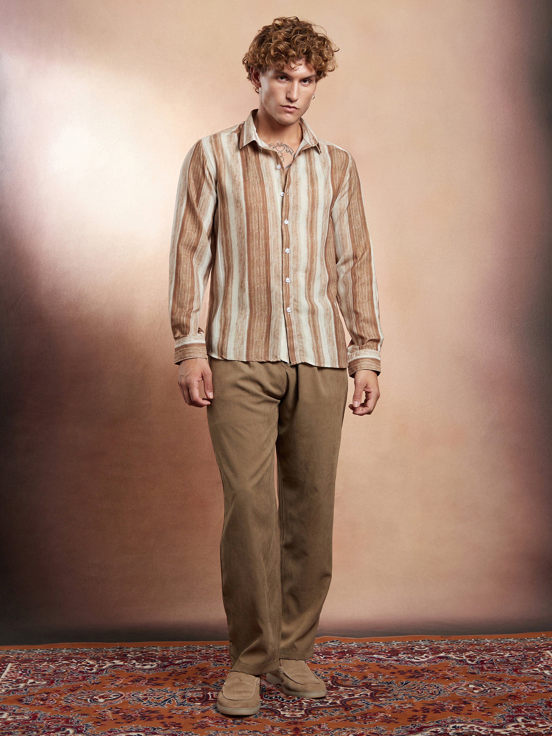 Men Ash Brown Striped-Strokes Shirt