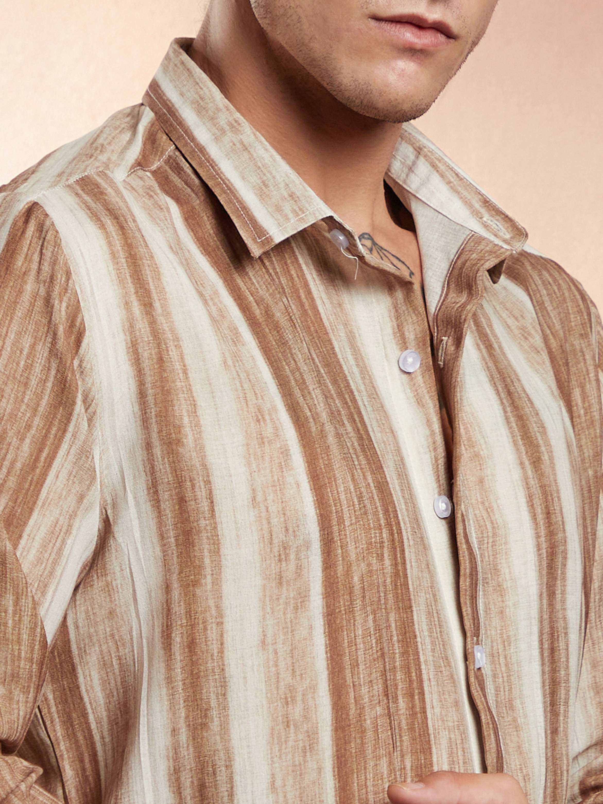 Men Ash Brown Striped-Strokes Shirt