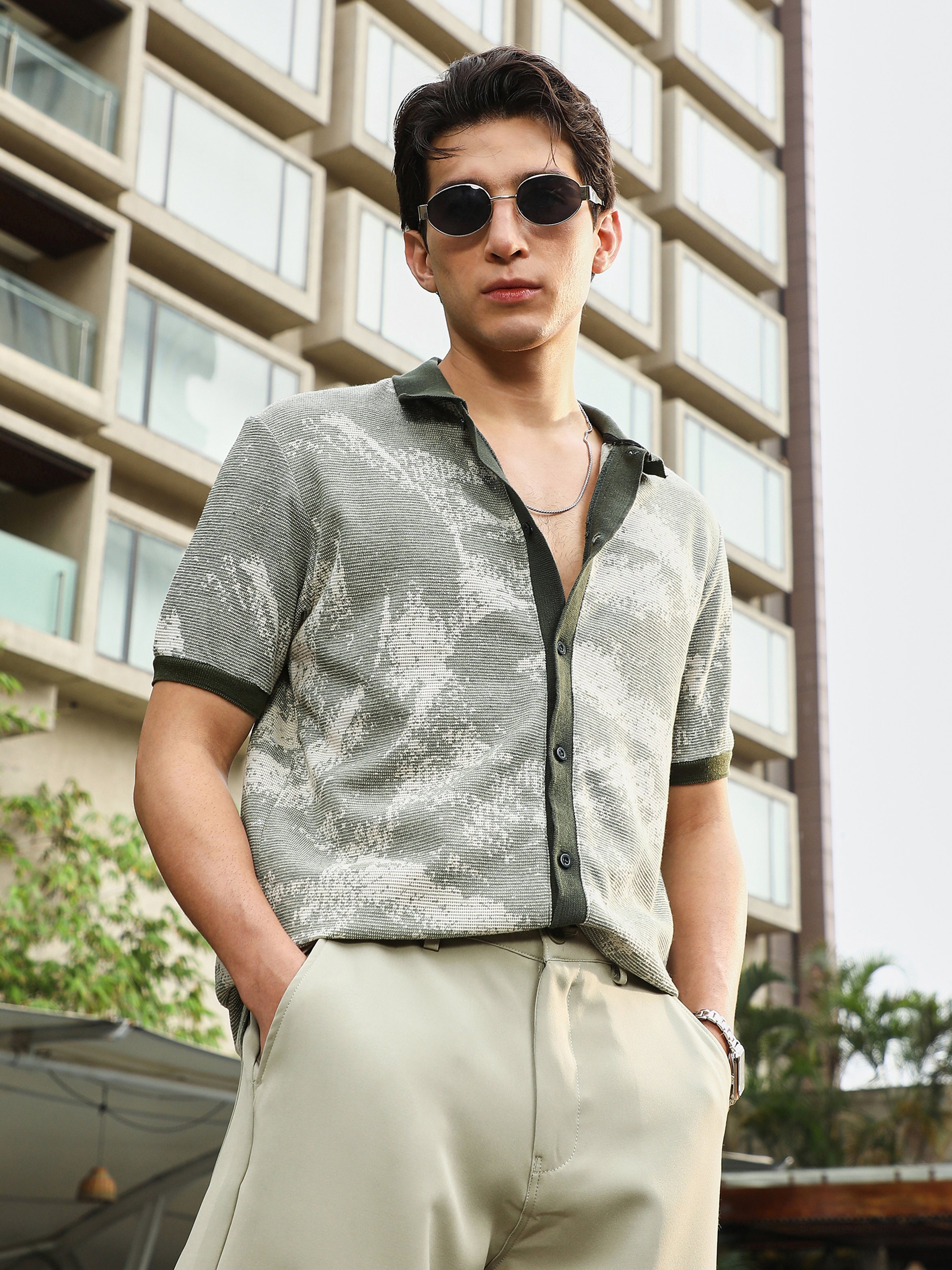 Men Green Textured Abstract Print Shirt