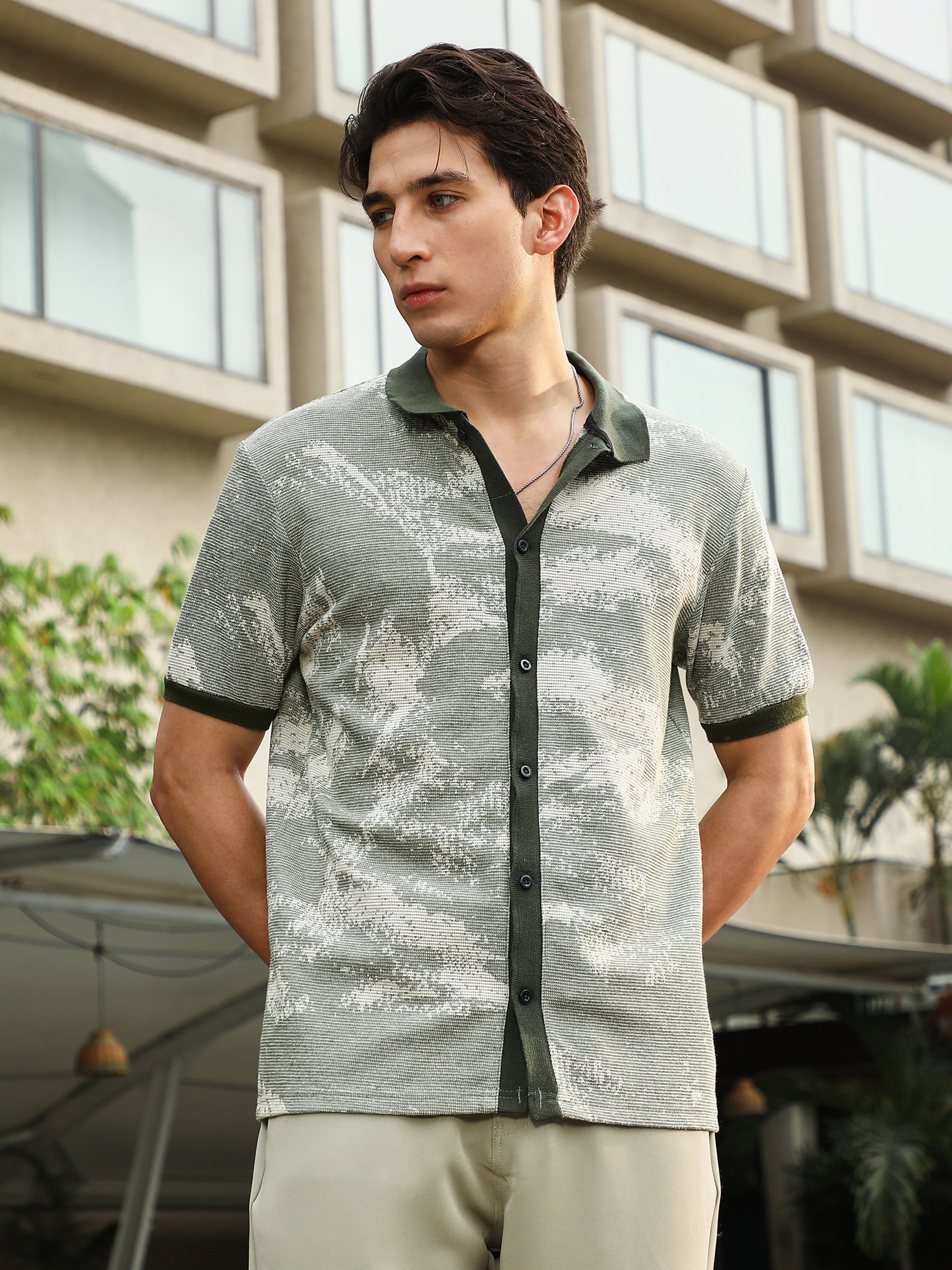 Men Green Textured Abstract Print Shirt