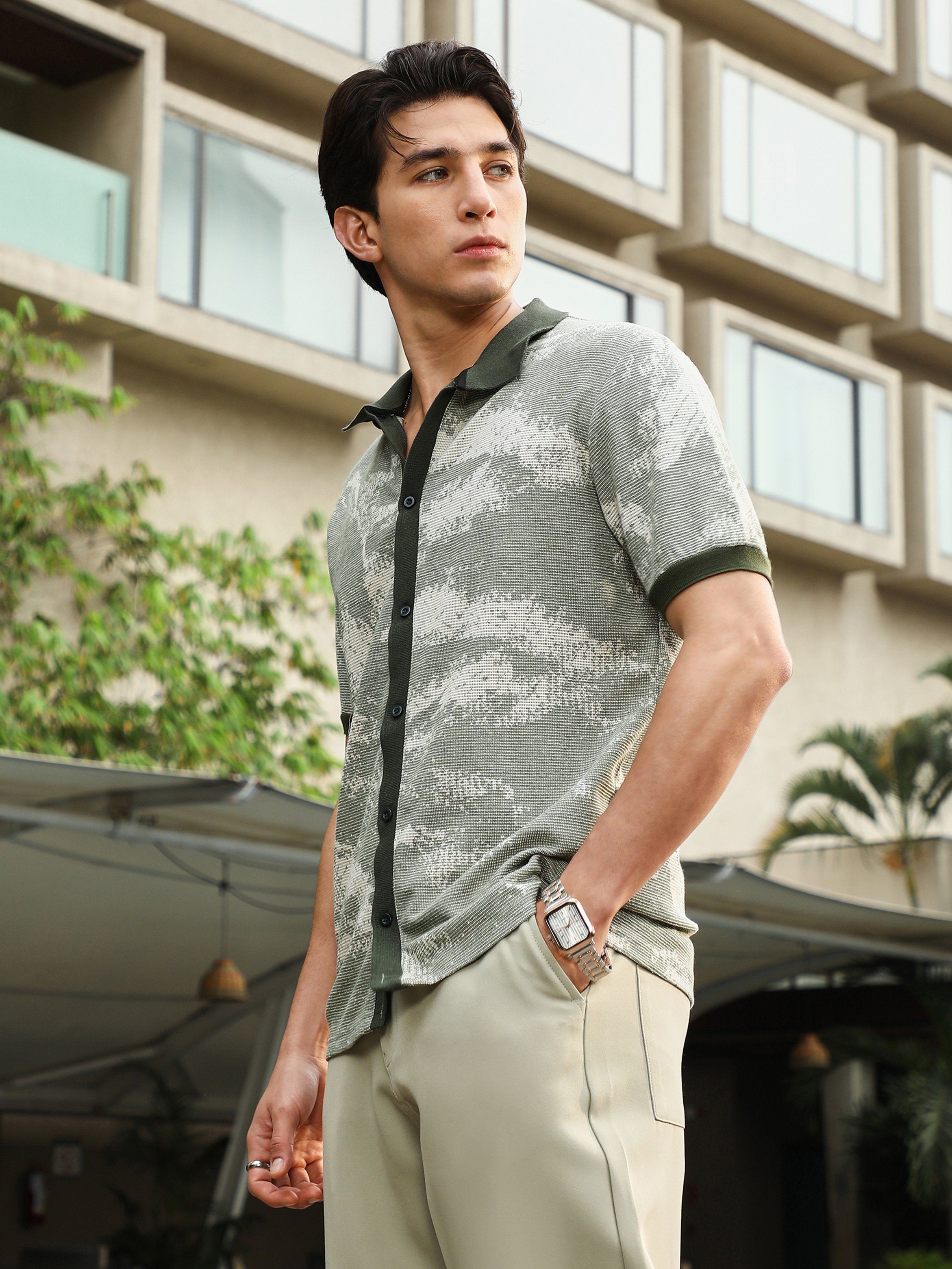 Men Green Textured Abstract Print Shirt
