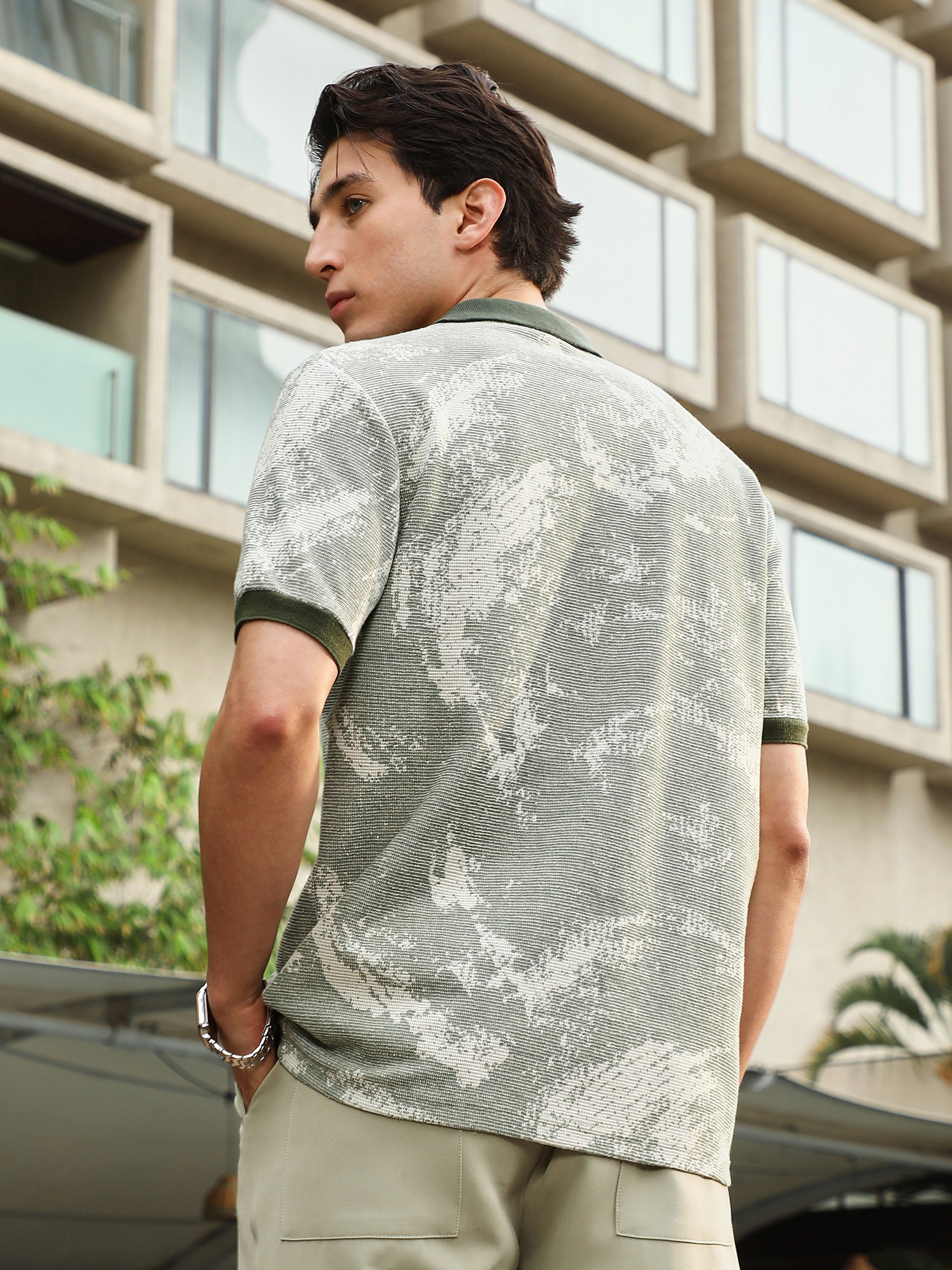 Men Green Textured Abstract Print Shirt