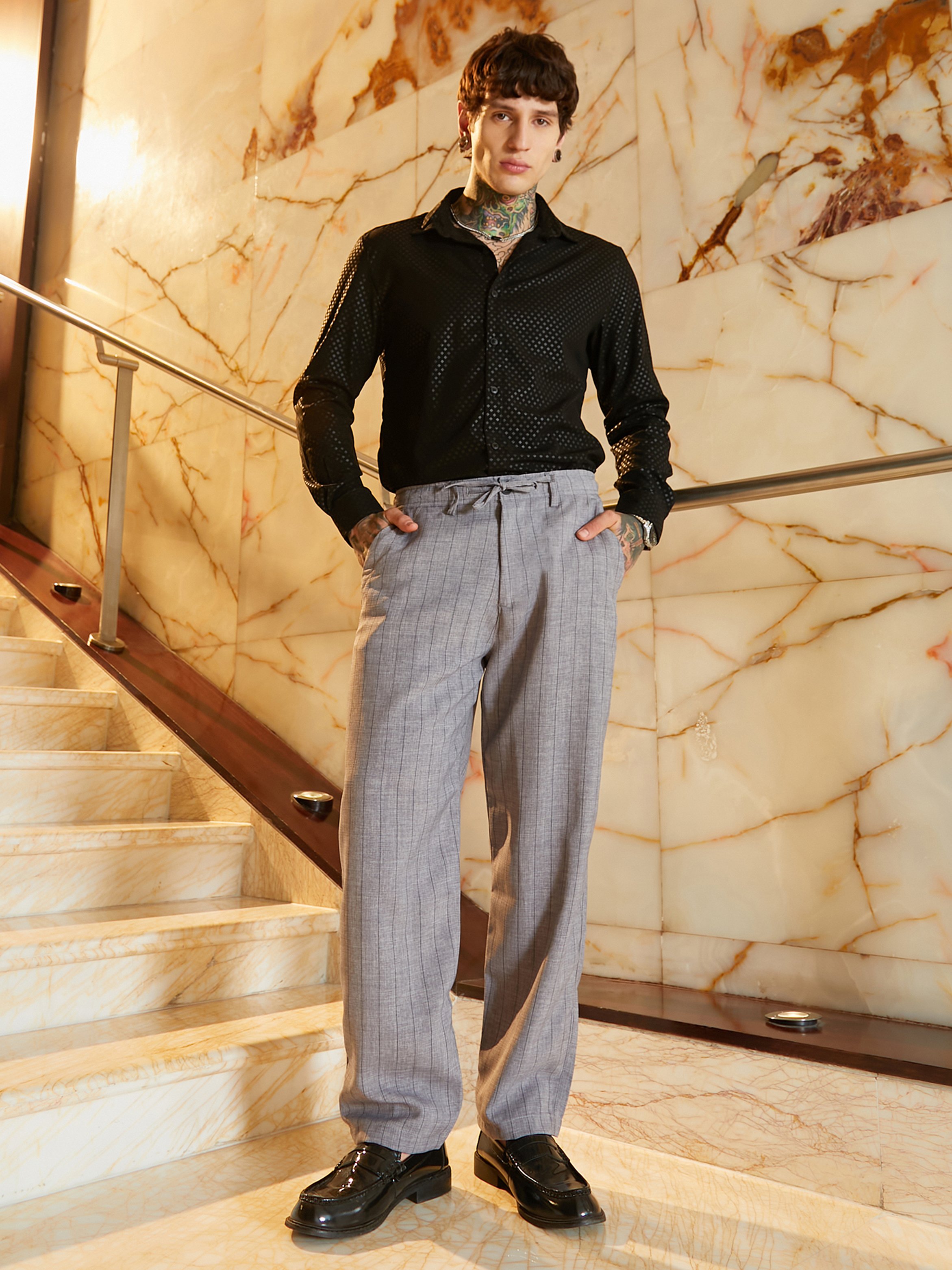 Men Coin Grey Pinstriped Chino Trousers