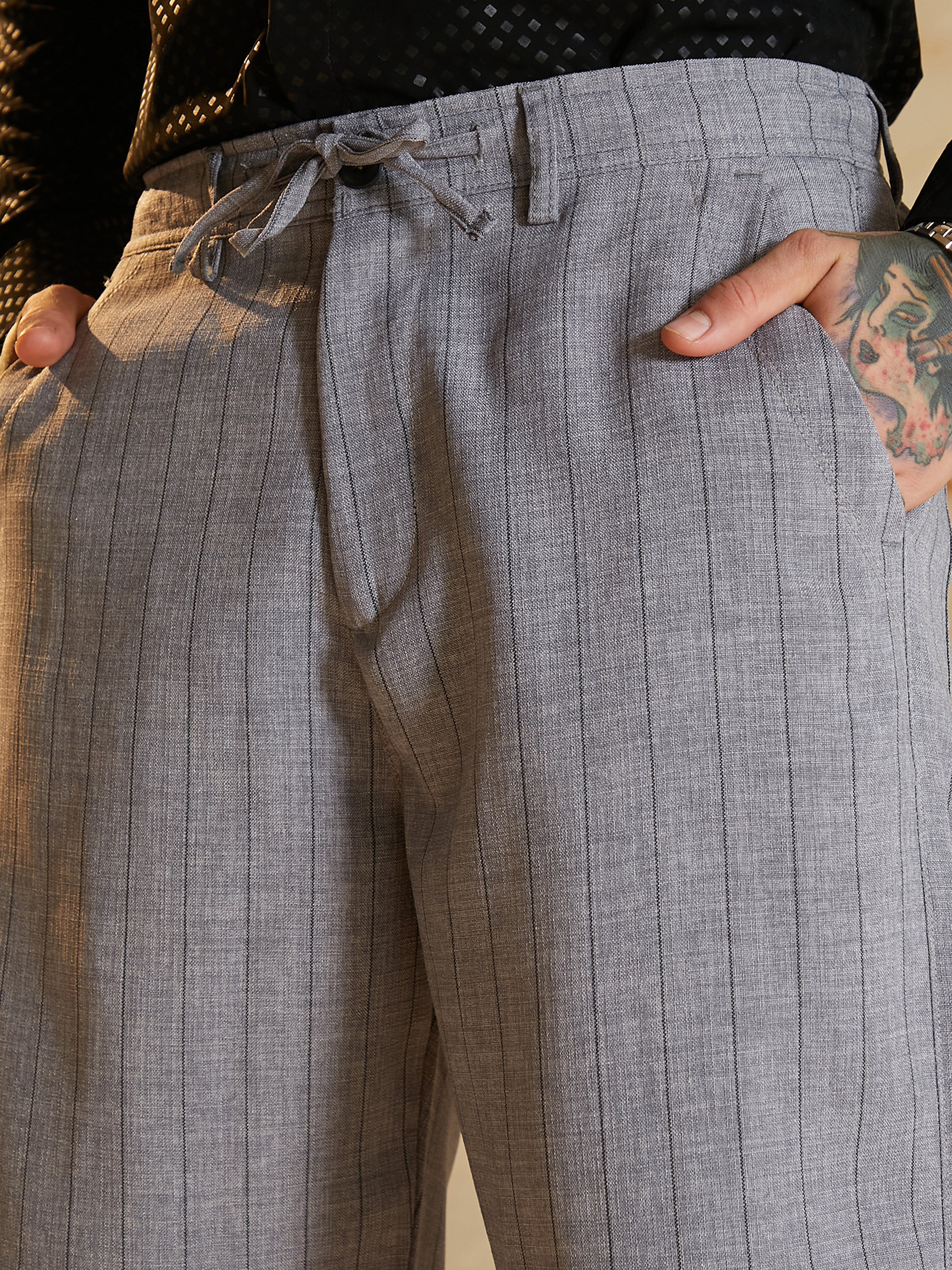 Men Coin Grey Pinstriped Chino Trousers