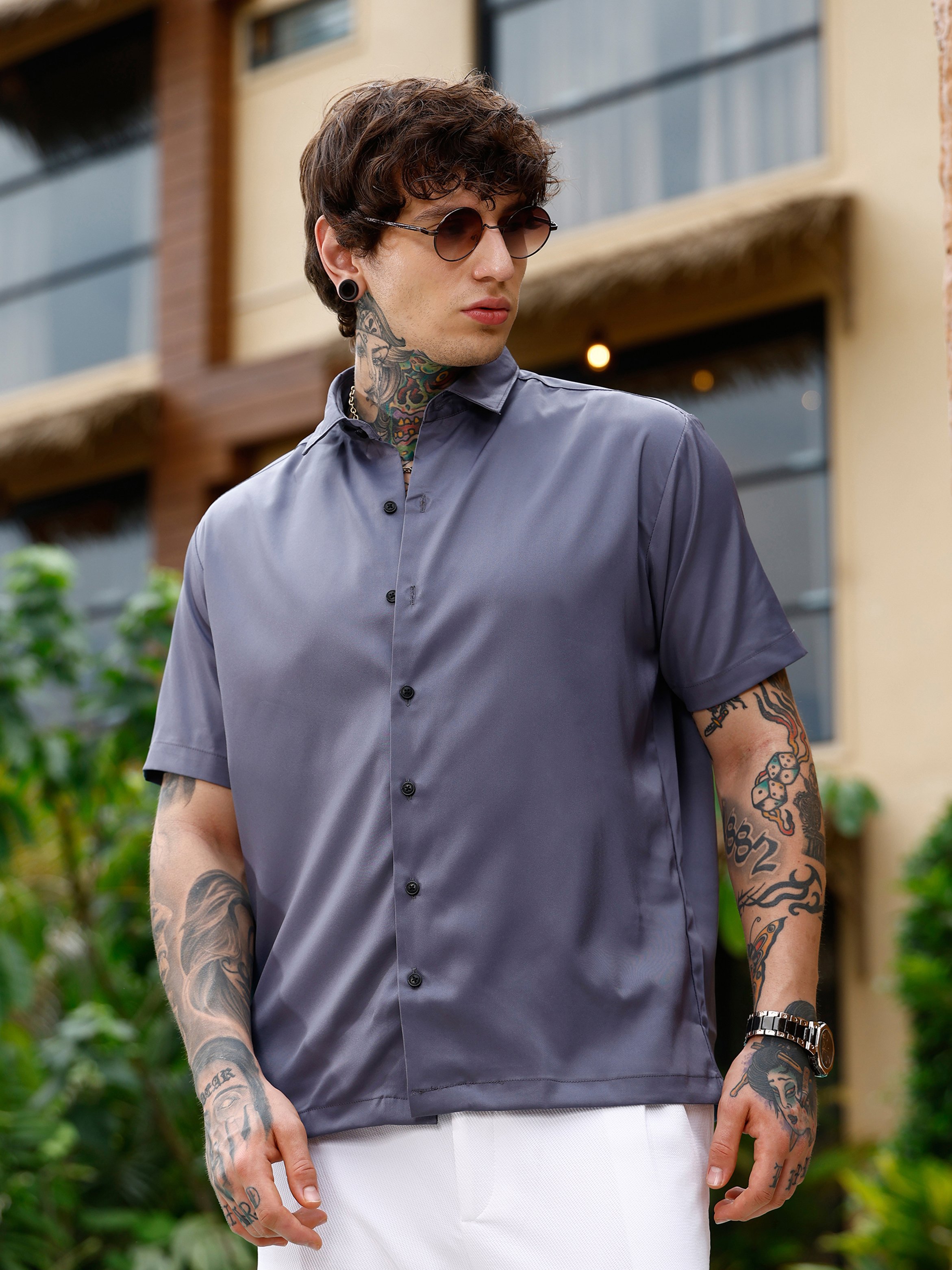 Men Grey Solid Satin Oversized Shirt