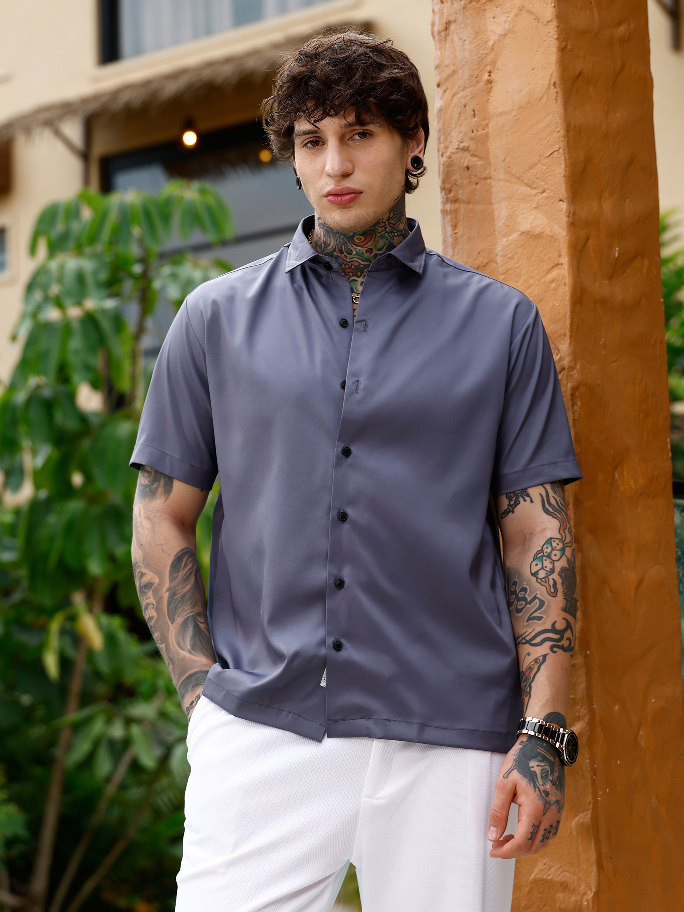 Men Grey Solid Satin Oversized Shirt