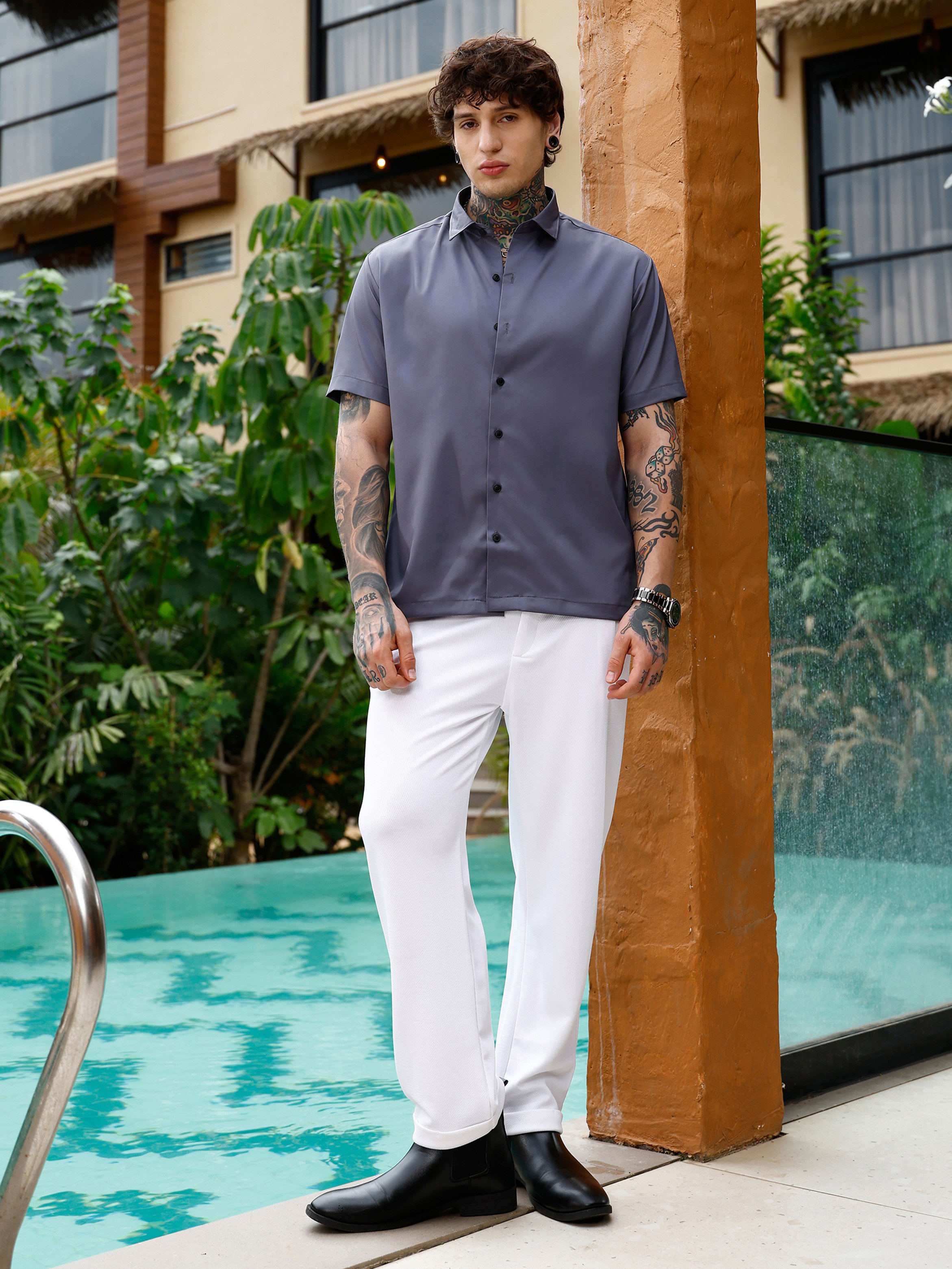 Men Grey Solid Satin Oversized Shirt