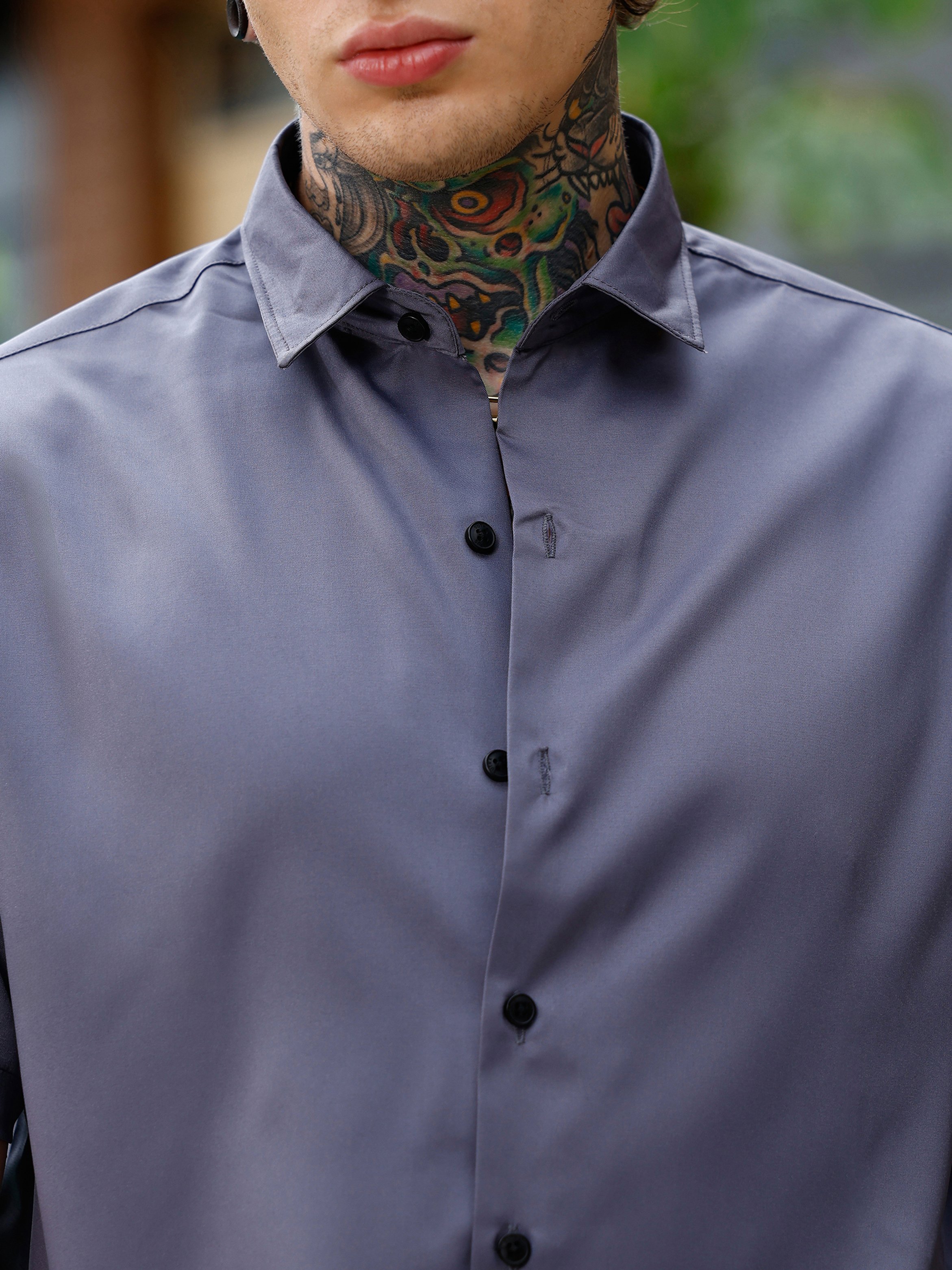 Men Grey Solid Satin Oversized Shirt
