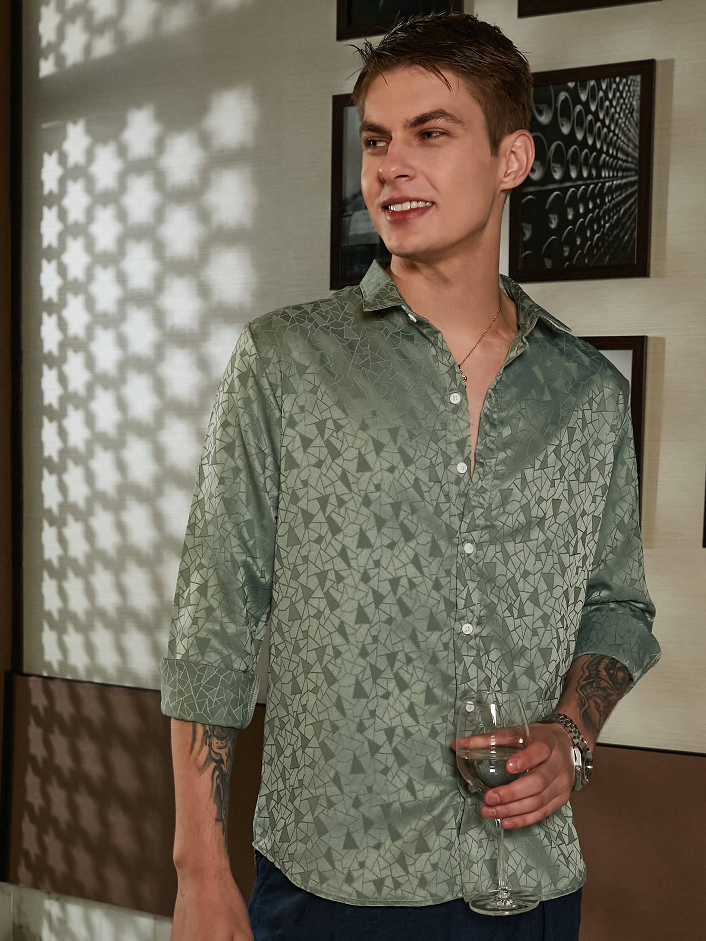 Men Olive Green Textured Jacquard Shirt