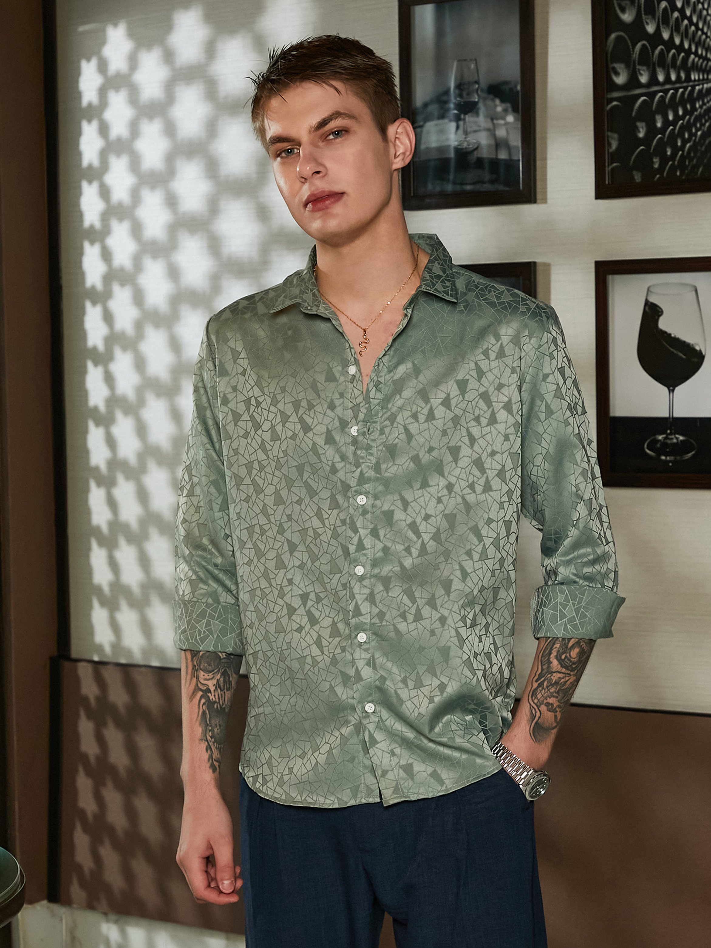 Men Olive Green Textured Jacquard Shirt