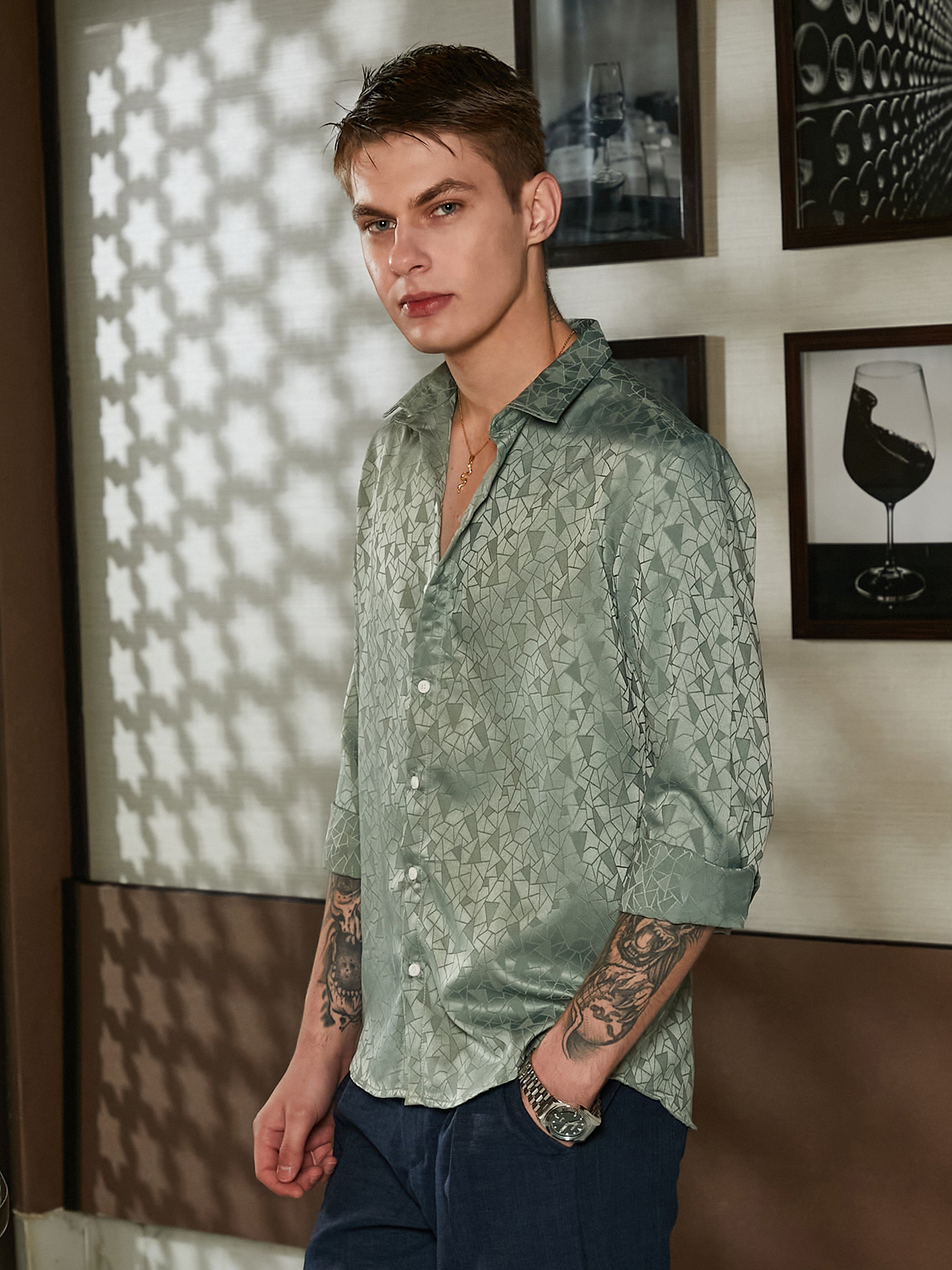 Men Olive Green Textured Jacquard Shirt