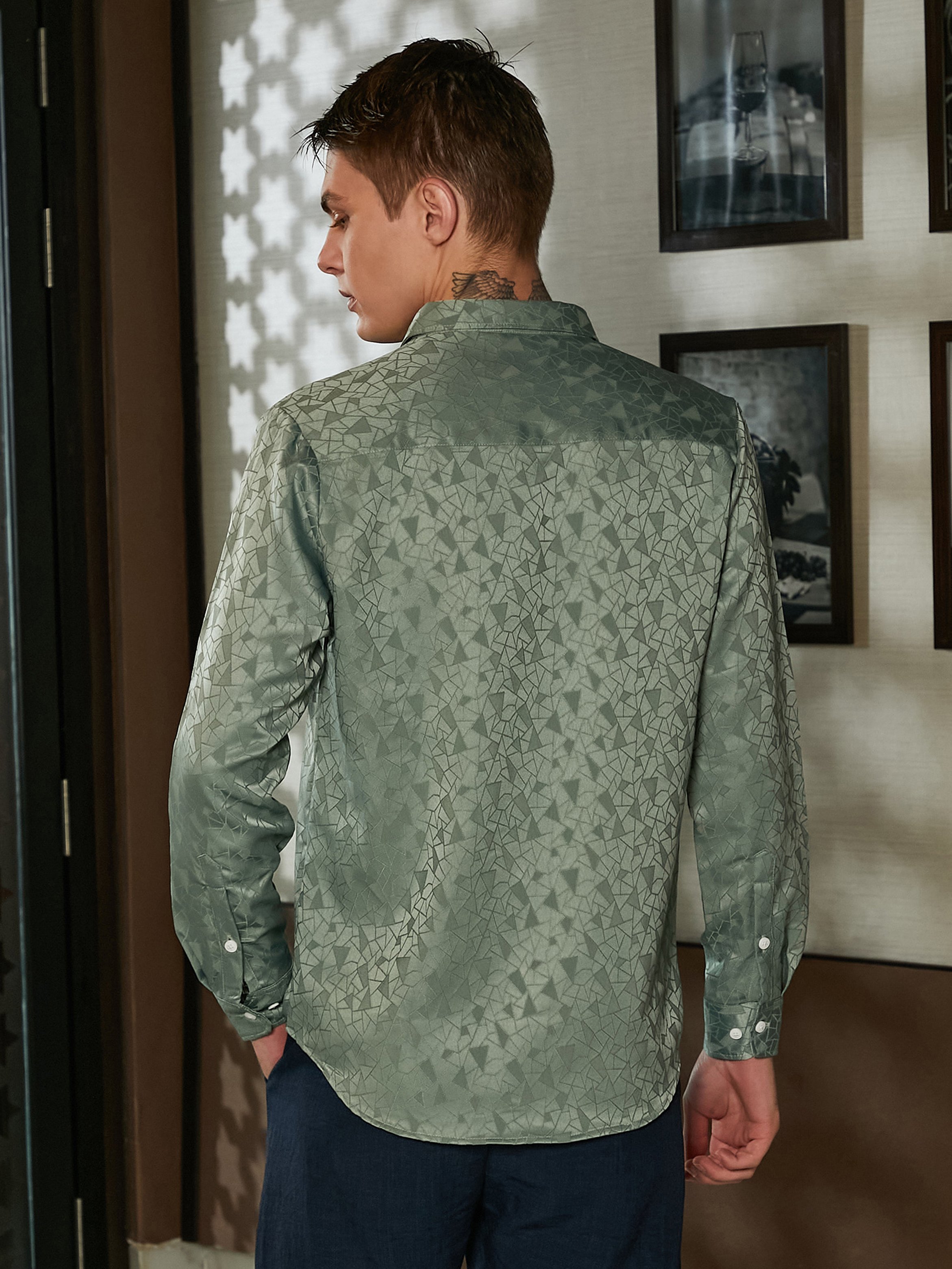 Men Olive Green Textured Jacquard Shirt