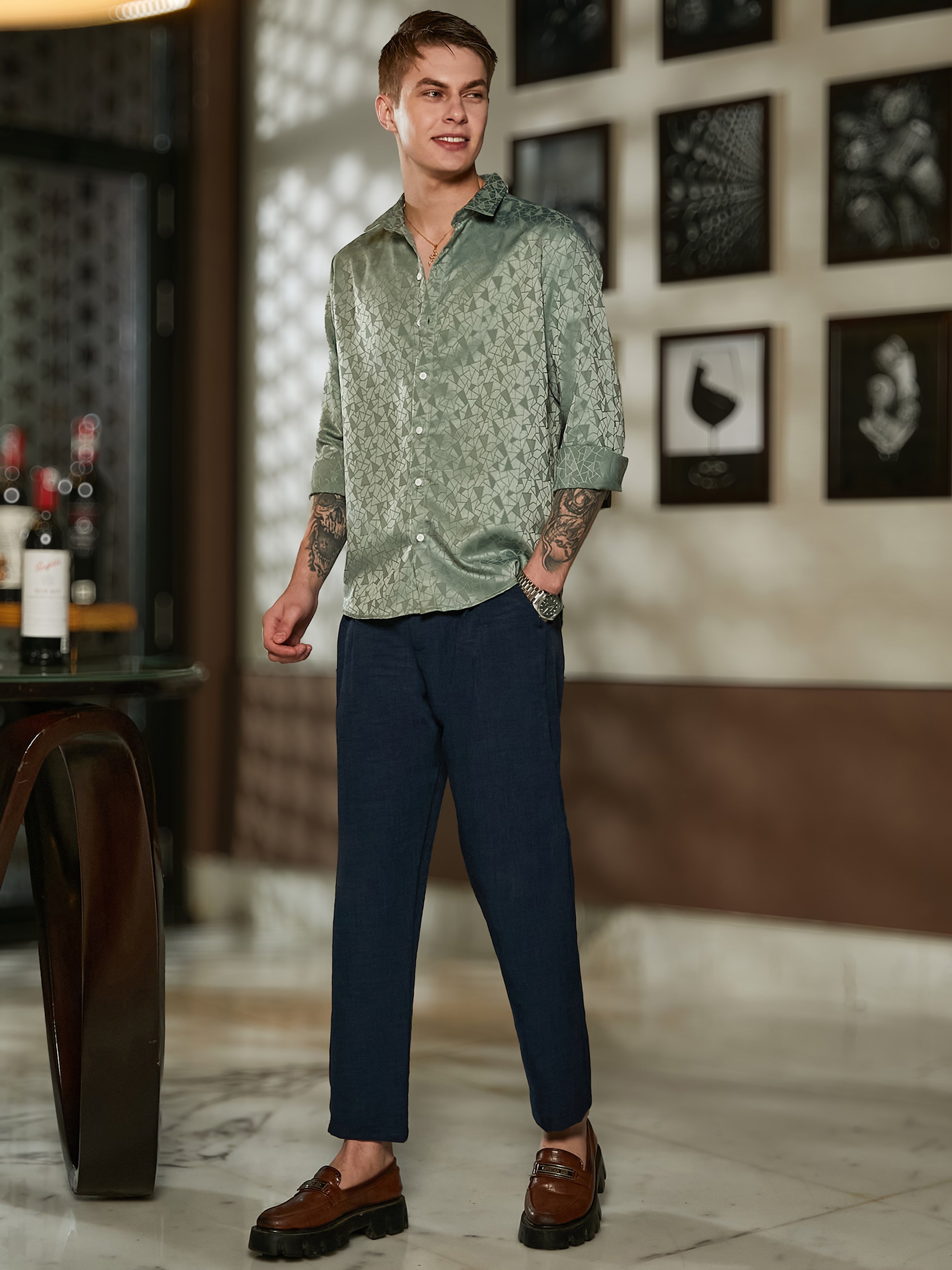Men Olive Green Textured Jacquard Shirt