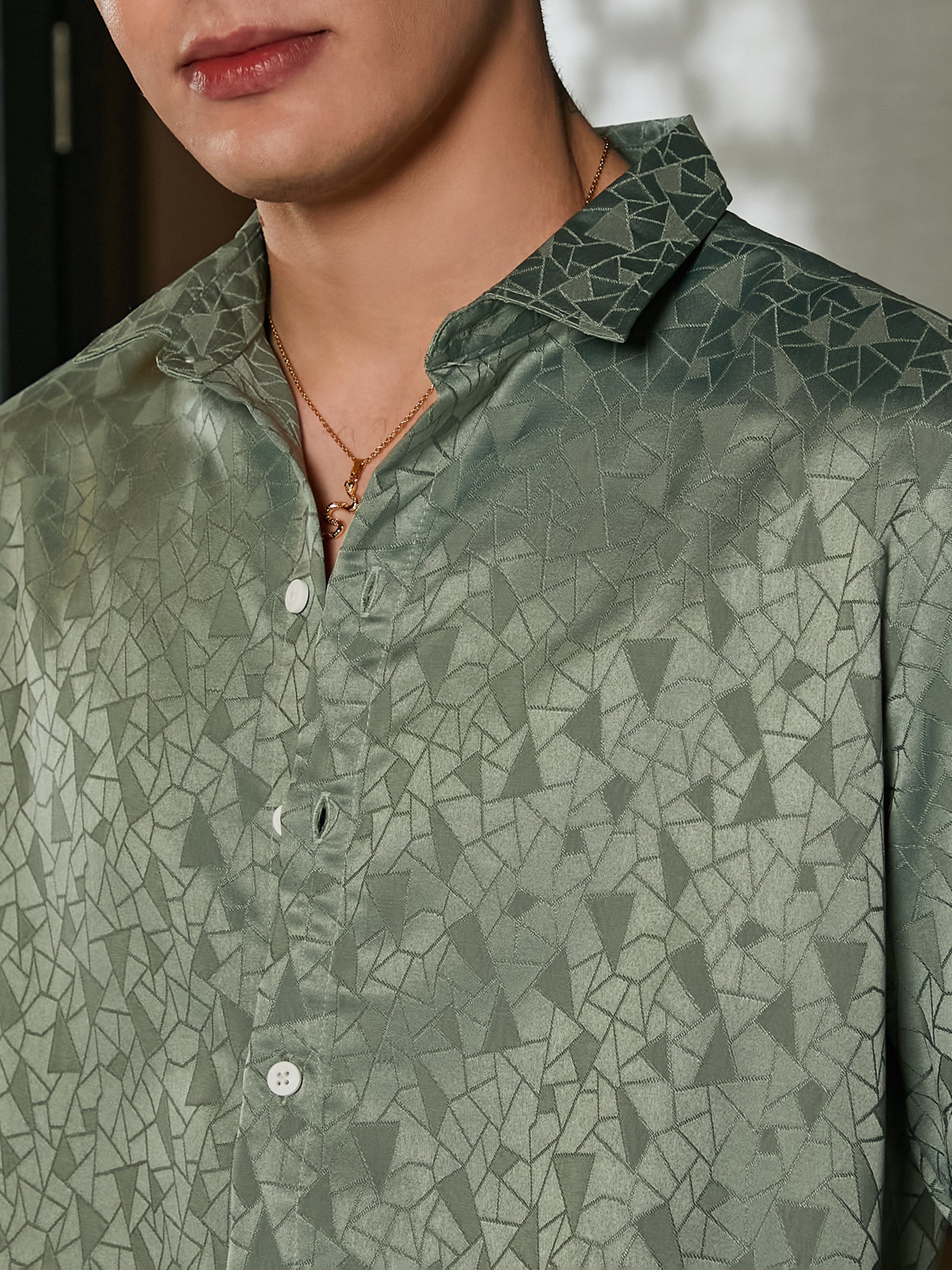 Men Olive Green Textured Jacquard Shirt