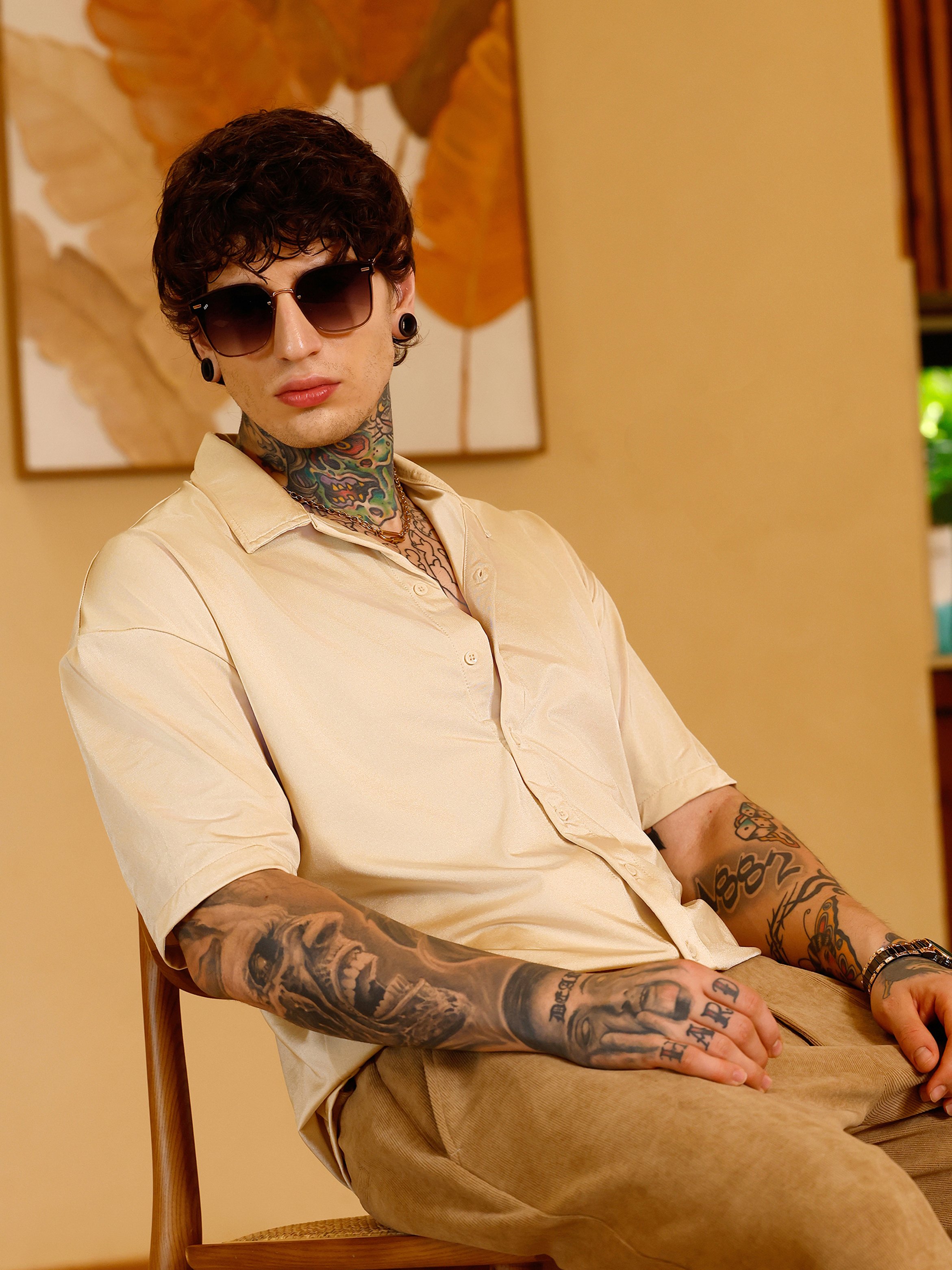 Men Gold Satin Resort Oversized Shirt