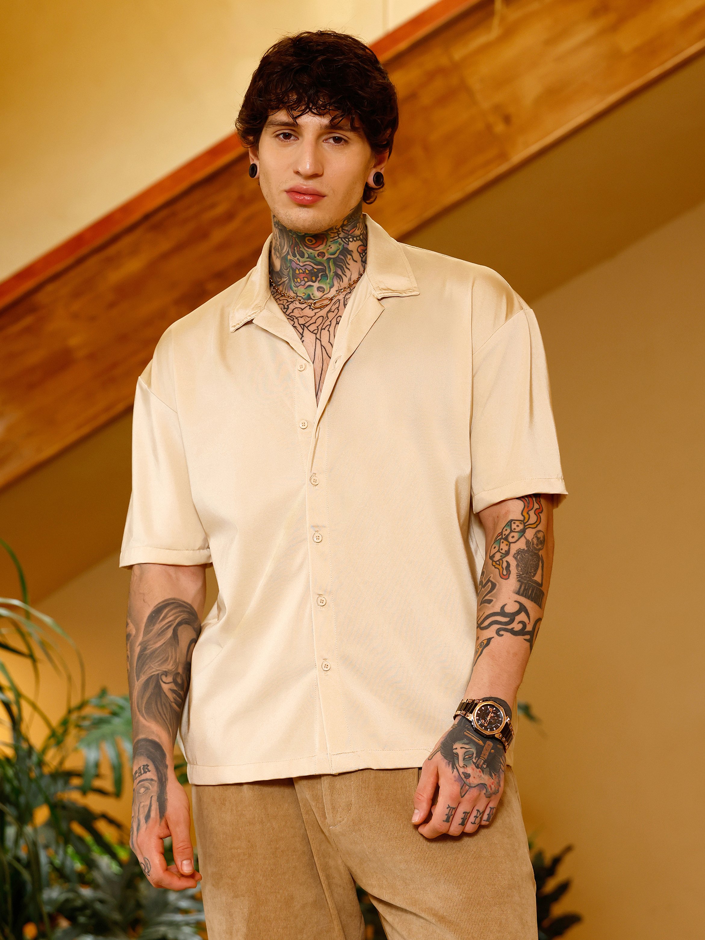 Men Gold Satin Resort Oversized Shirt