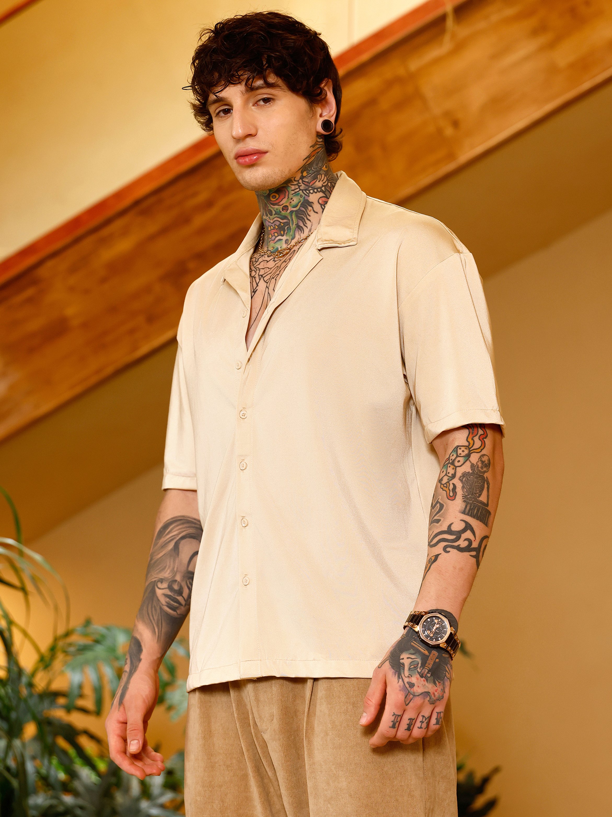Men Gold Satin Resort Oversized Shirt