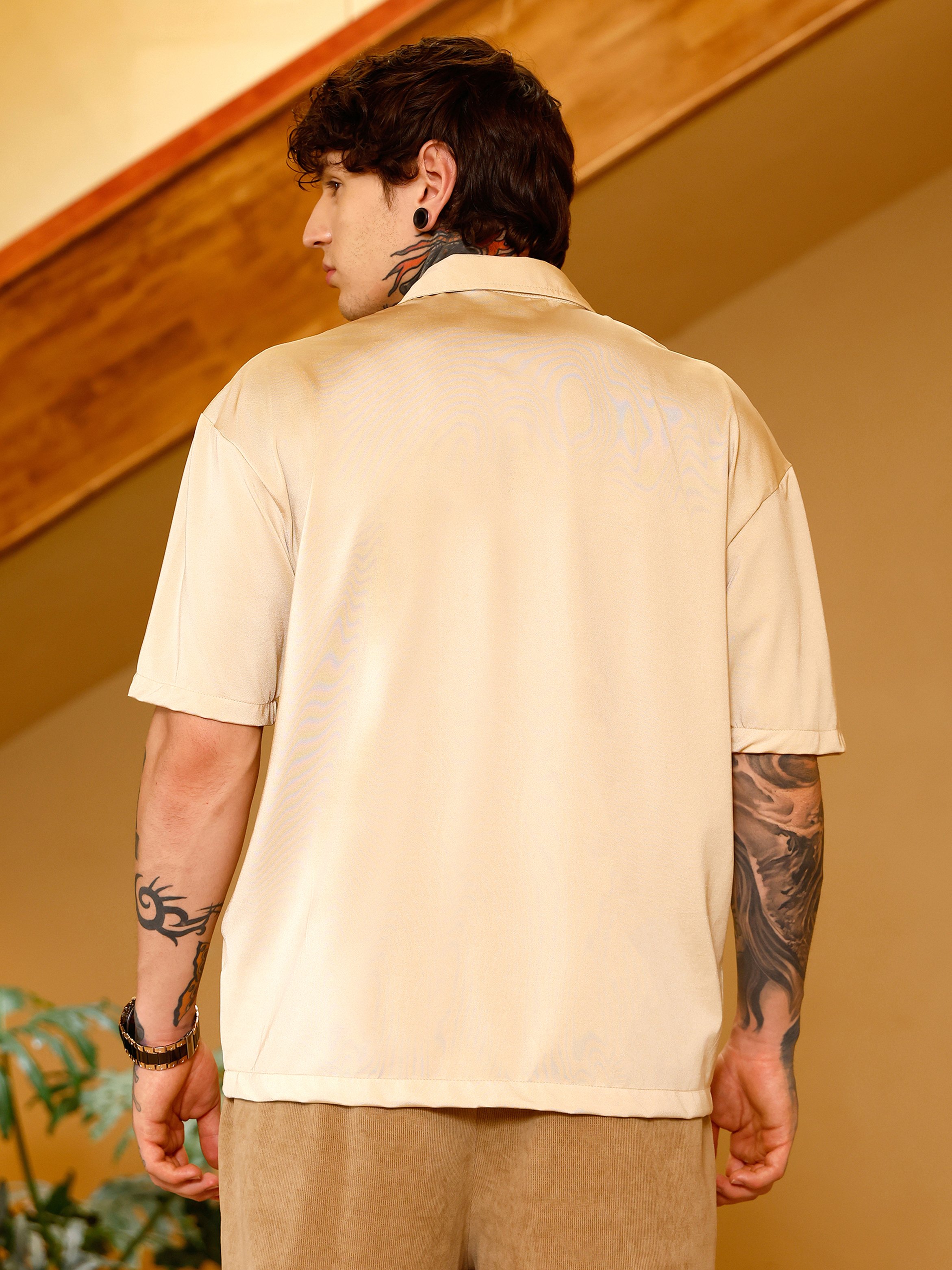 Men Gold Satin Resort Oversized Shirt
