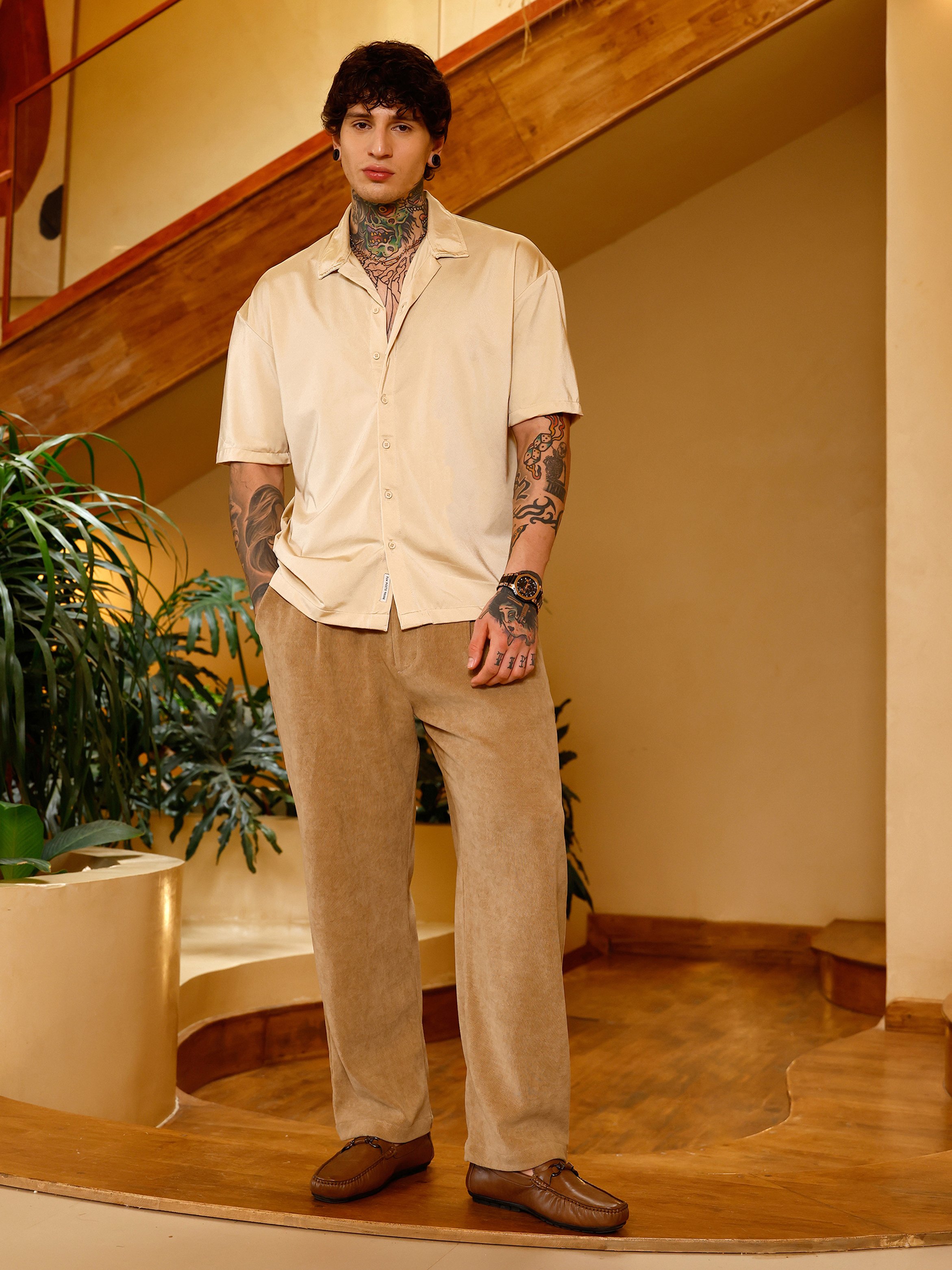 Men Gold Satin Resort Oversized Shirt