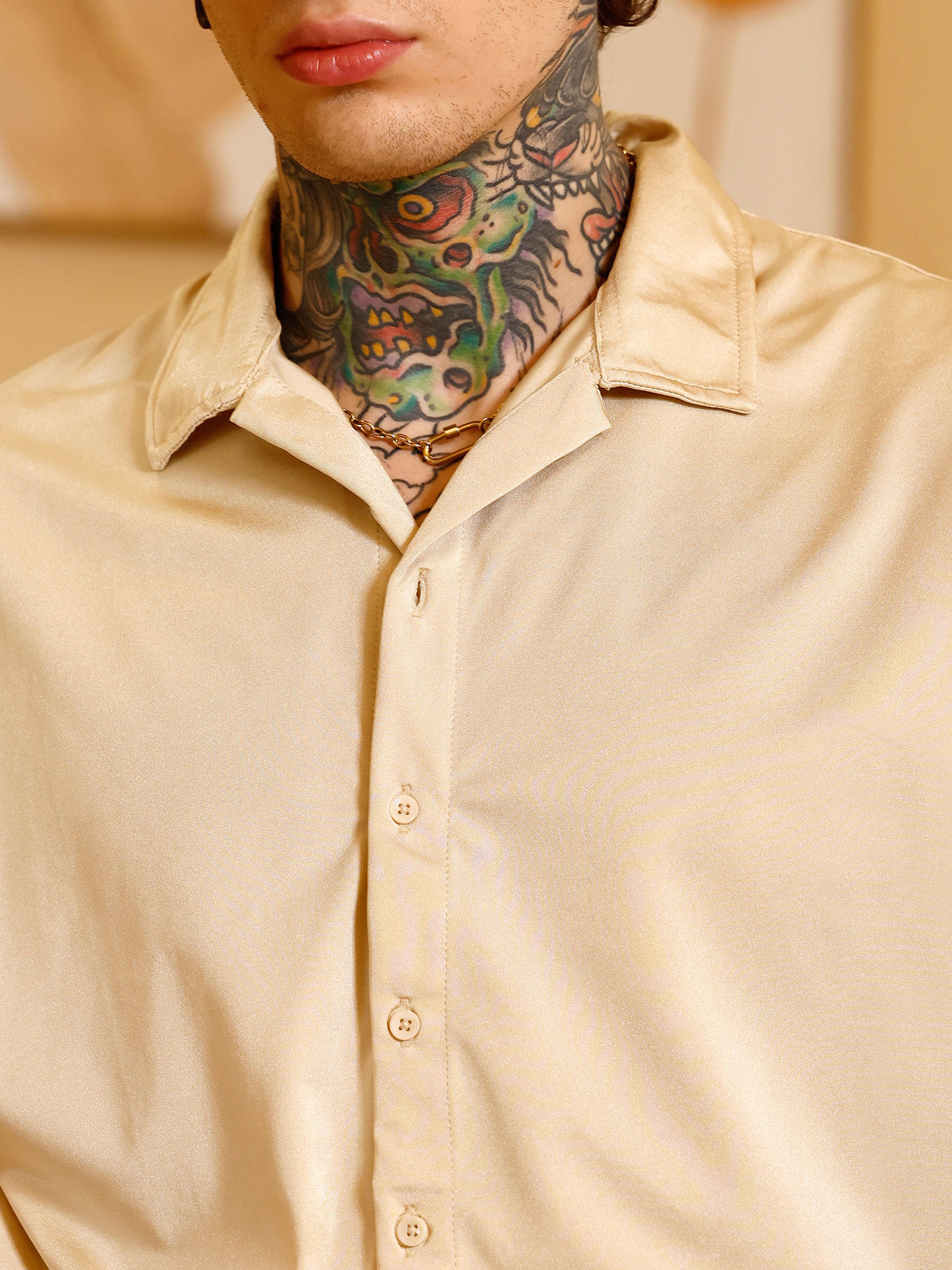 Men Gold Satin Resort Oversized Shirt
