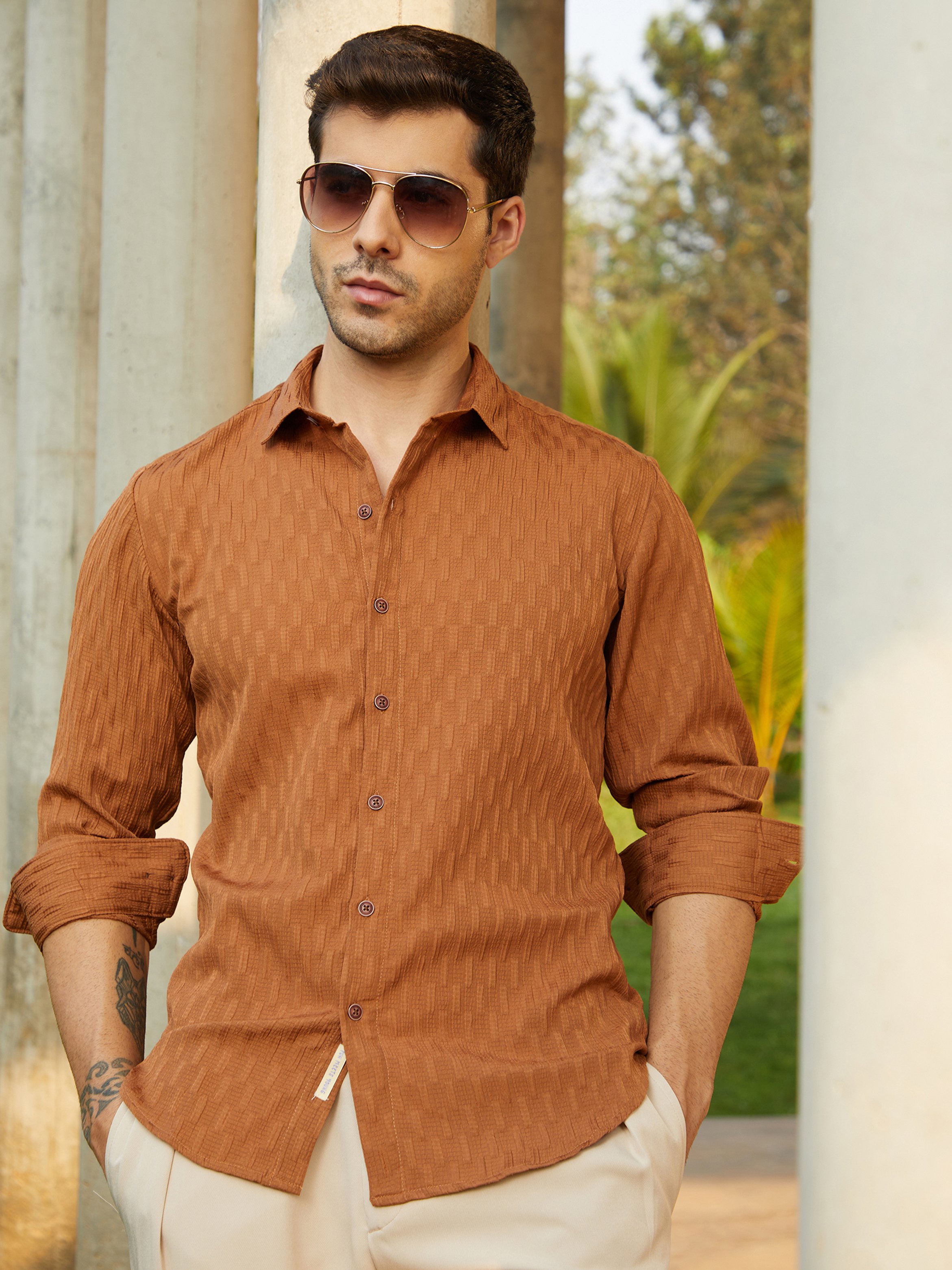 Men Brown Textured Regular Shirt