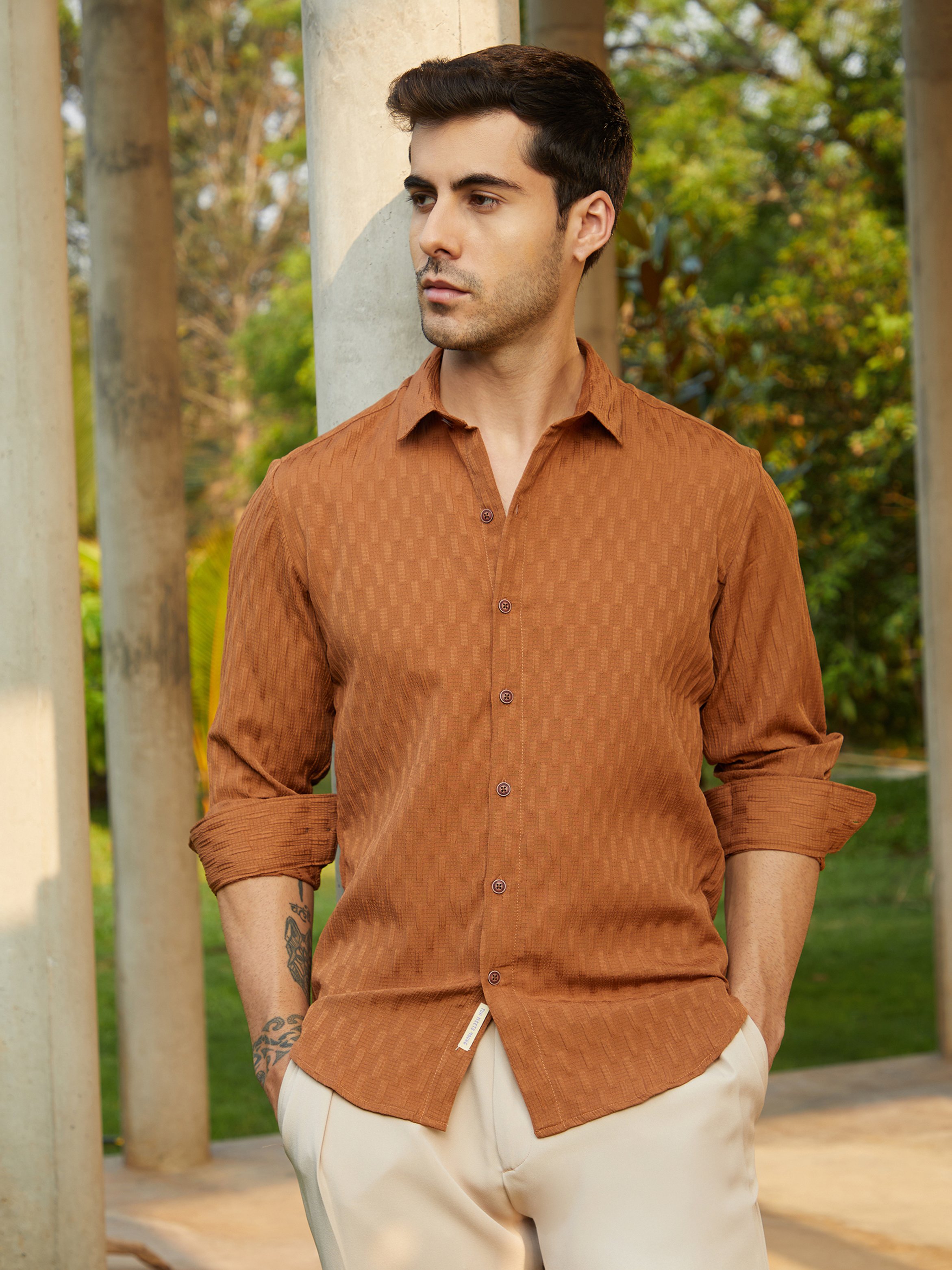 Men Brown Textured Regular Shirt