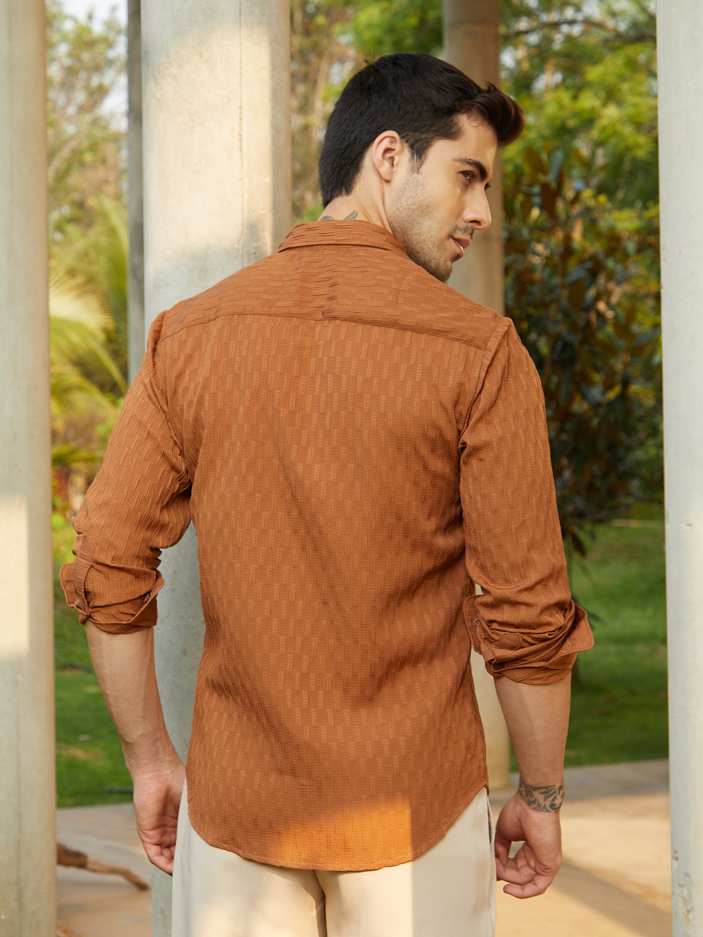 Men Brown Textured Regular Shirt