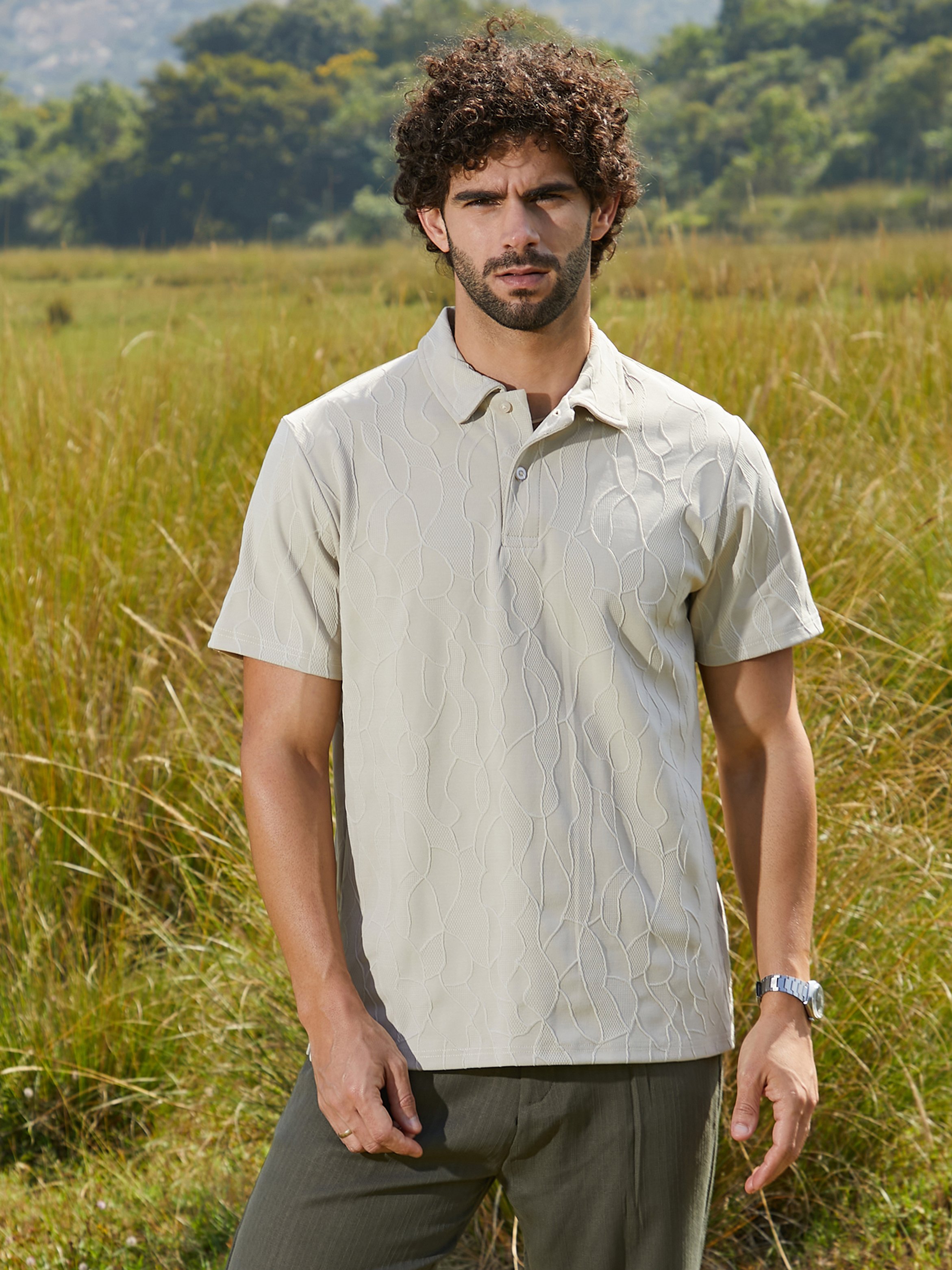 Men White Textured Short Sleeve Polo