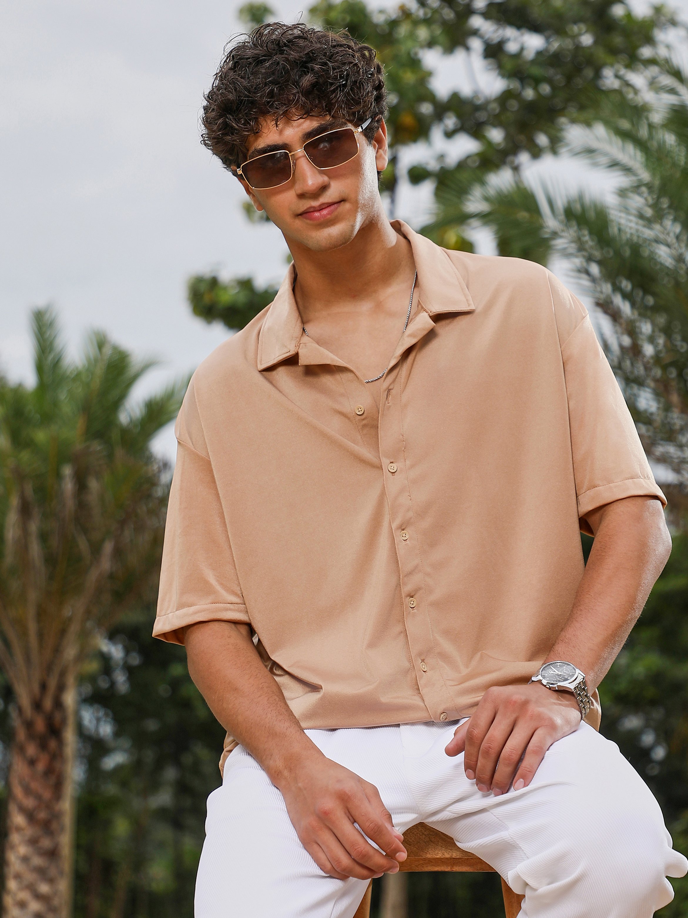 Men Beige Satin Resort Oversized Shirt