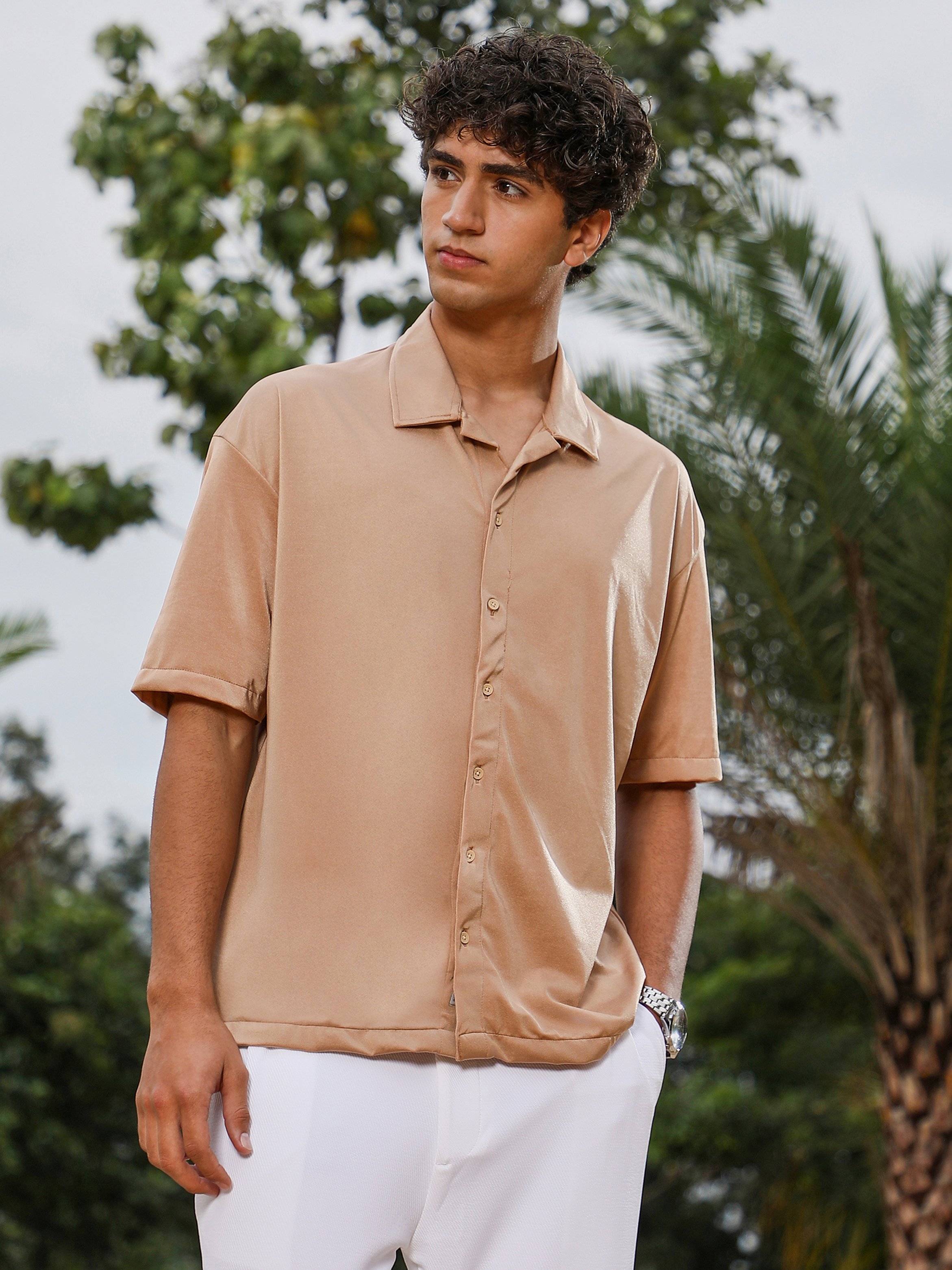 Men Beige Satin Resort Oversized Shirt
